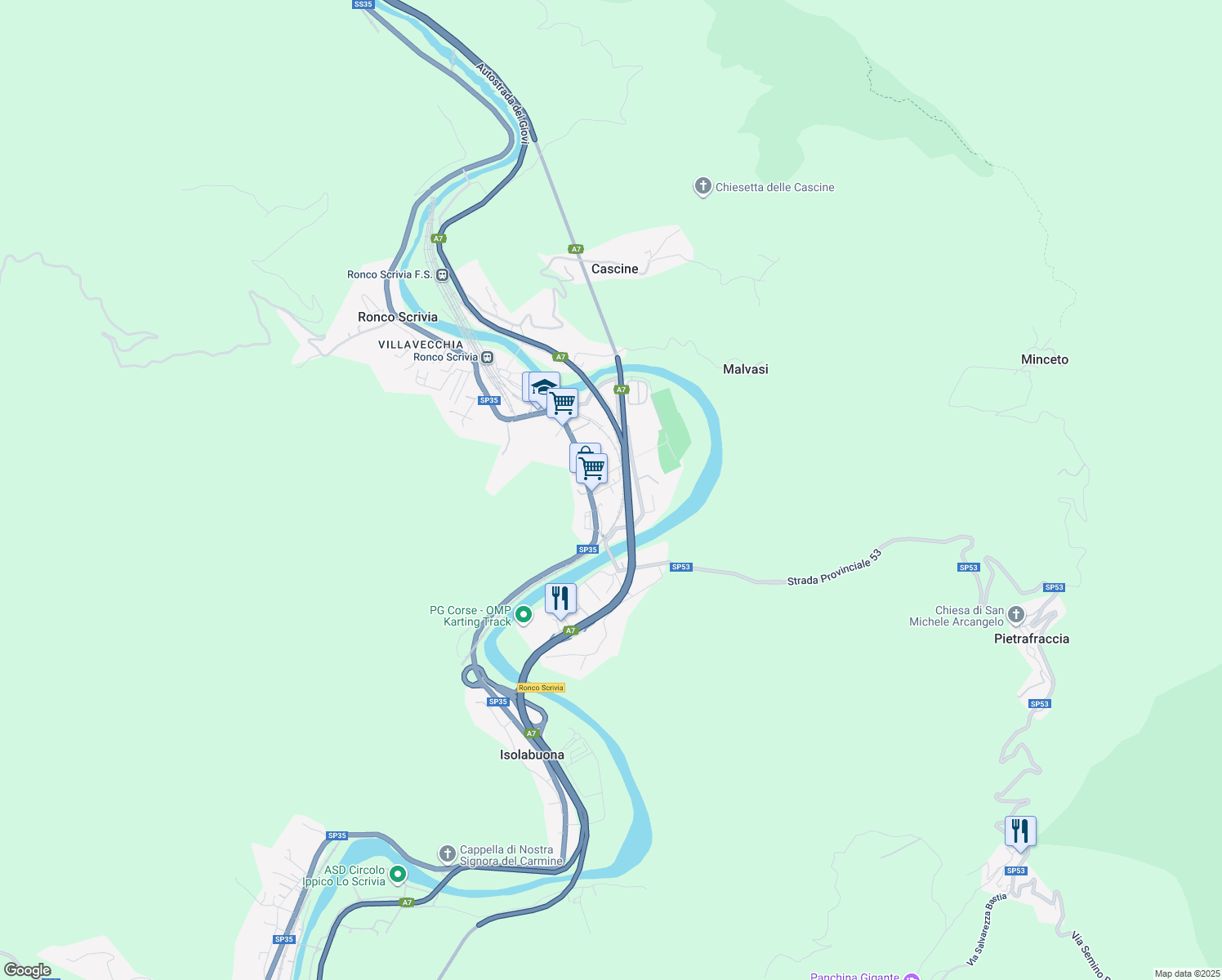 map of restaurants, bars, coffee shops, grocery stores, and more near 45 Via R. Quartini in Ronco Scrivia