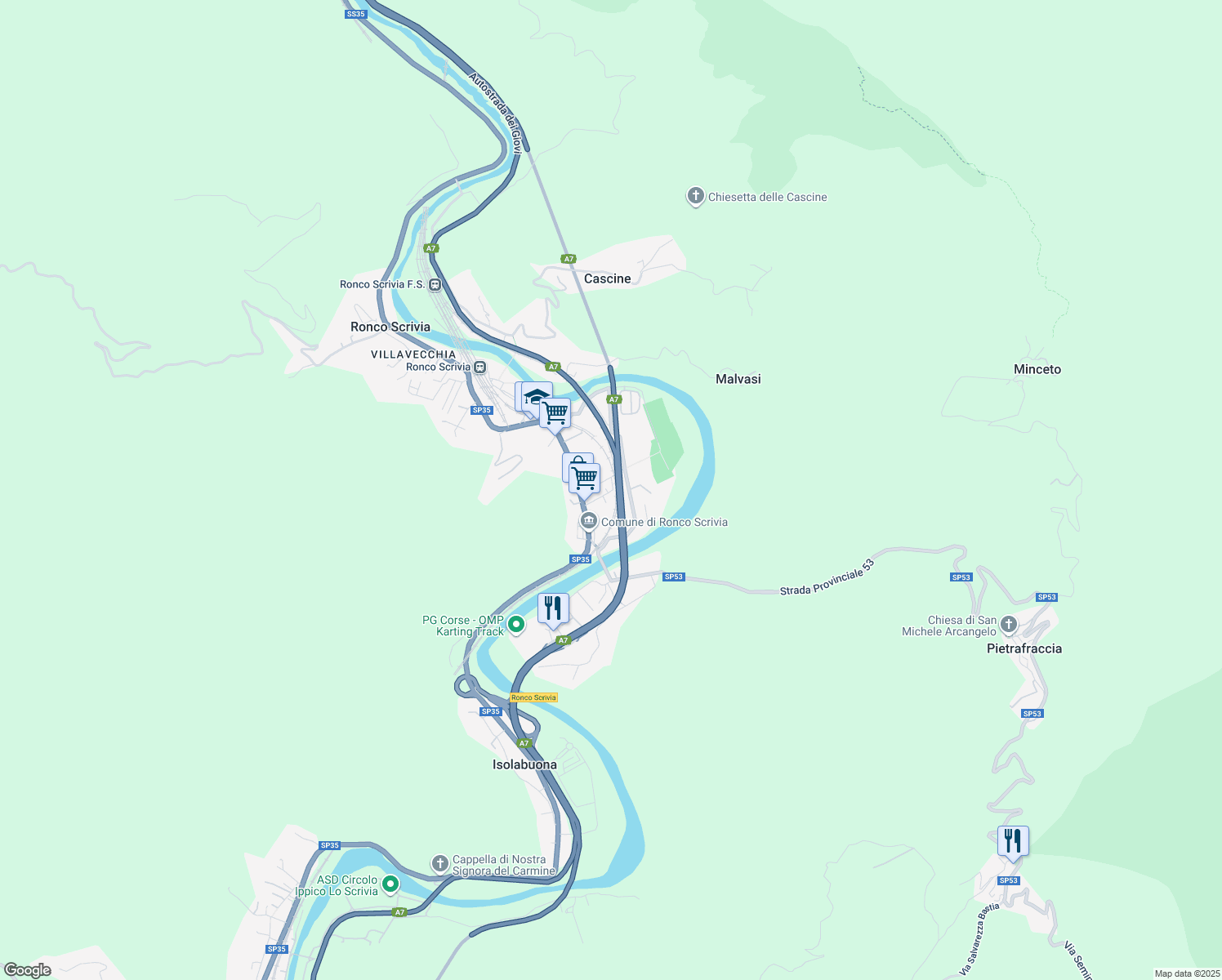 map of restaurants, bars, coffee shops, grocery stores, and more near 45 Via R. Quartini in Ronco Scrivia