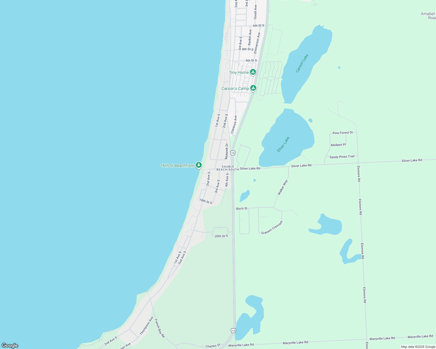 map of restaurants, bars, coffee shops, grocery stores, and more near 7 3rd Avenue South in Sauble Beach
