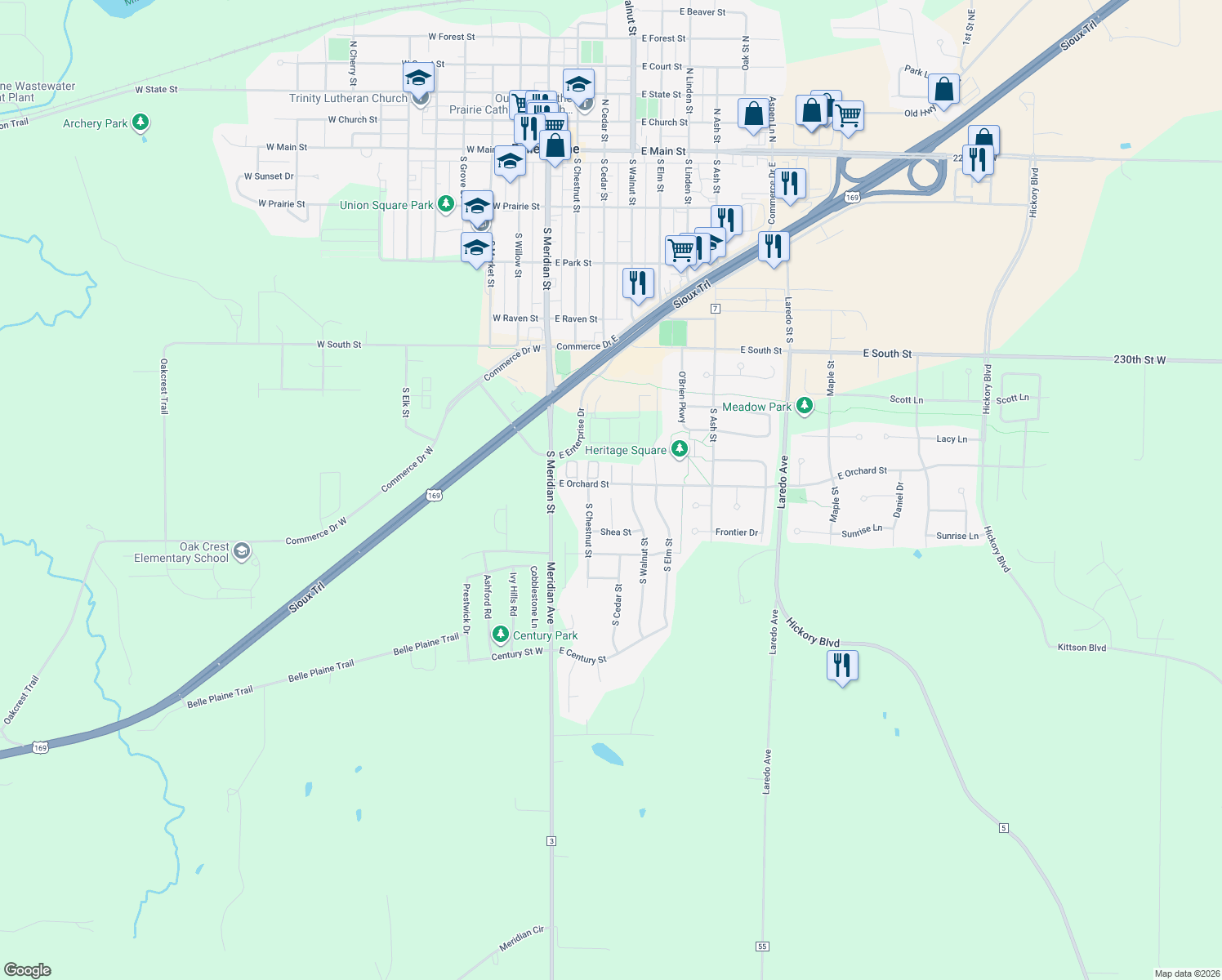 map of restaurants, bars, coffee shops, grocery stores, and more near 800 Shea Circle in Belle Plaine