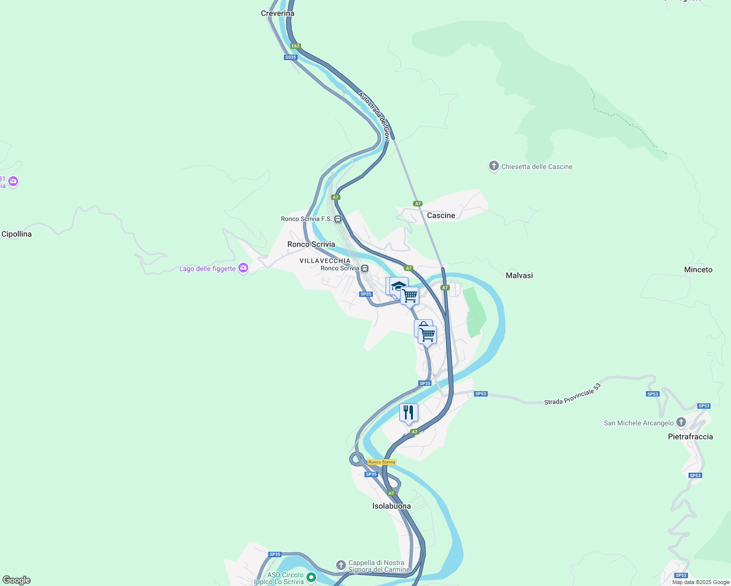 map of restaurants, bars, coffee shops, grocery stores, and more near 2 Via Oneo in Ronco Scrivia