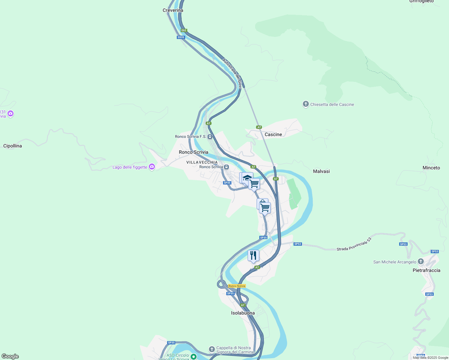 map of restaurants, bars, coffee shops, grocery stores, and more near 2 Via Oneo in Ronco Scrivia