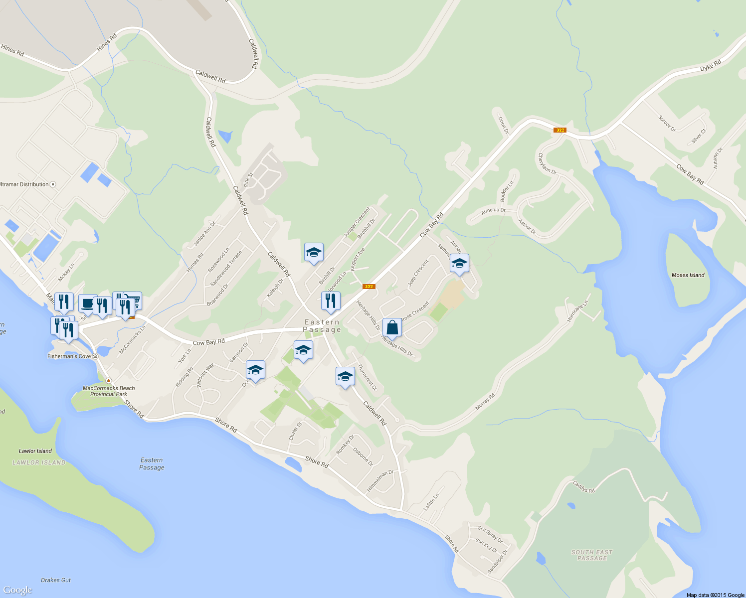 map of restaurants, bars, coffee shops, grocery stores, and more near 47 Delcraft Court in Eastern Passage