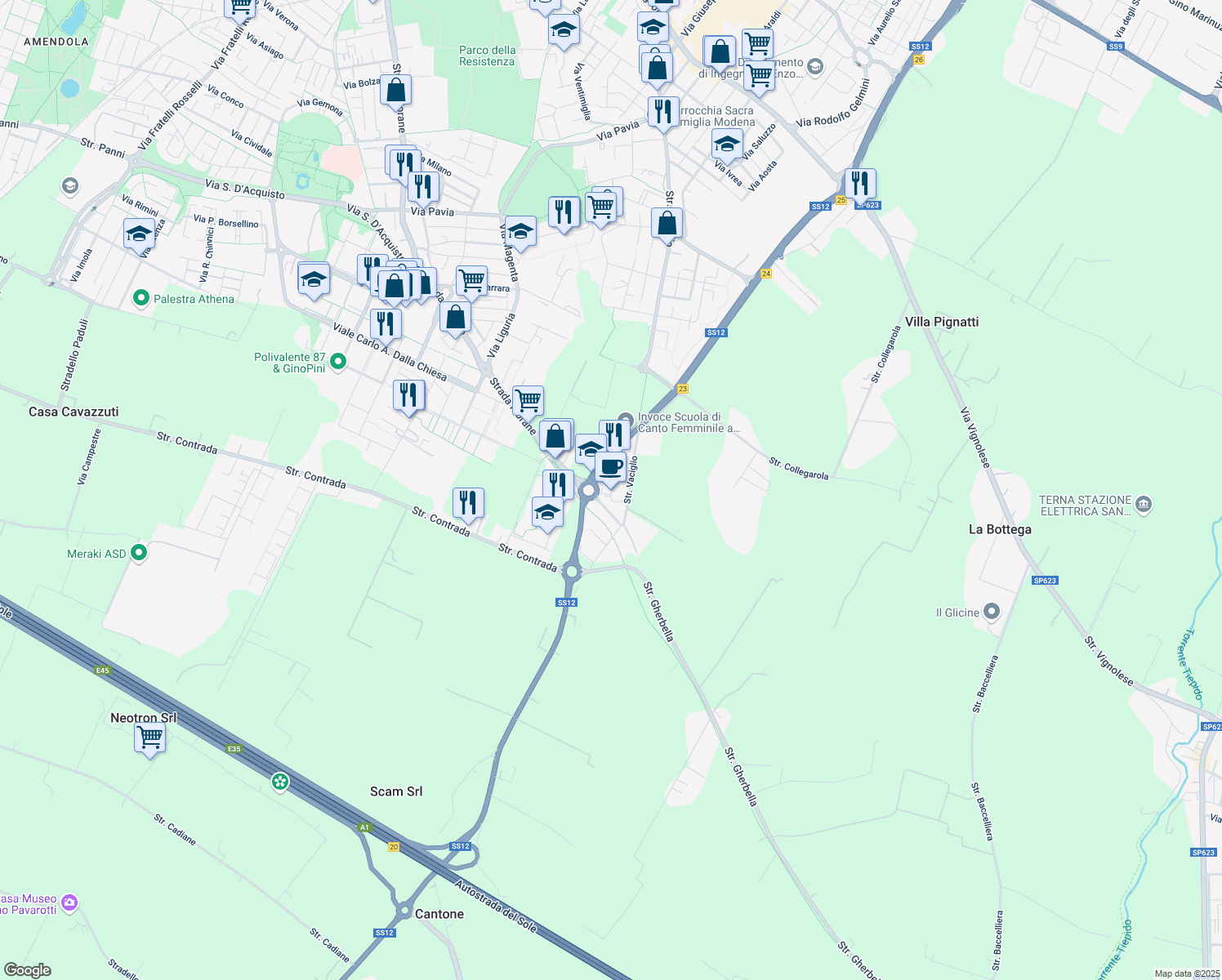 map of restaurants, bars, coffee shops, grocery stores, and more near 68 Via Messina in Modena
