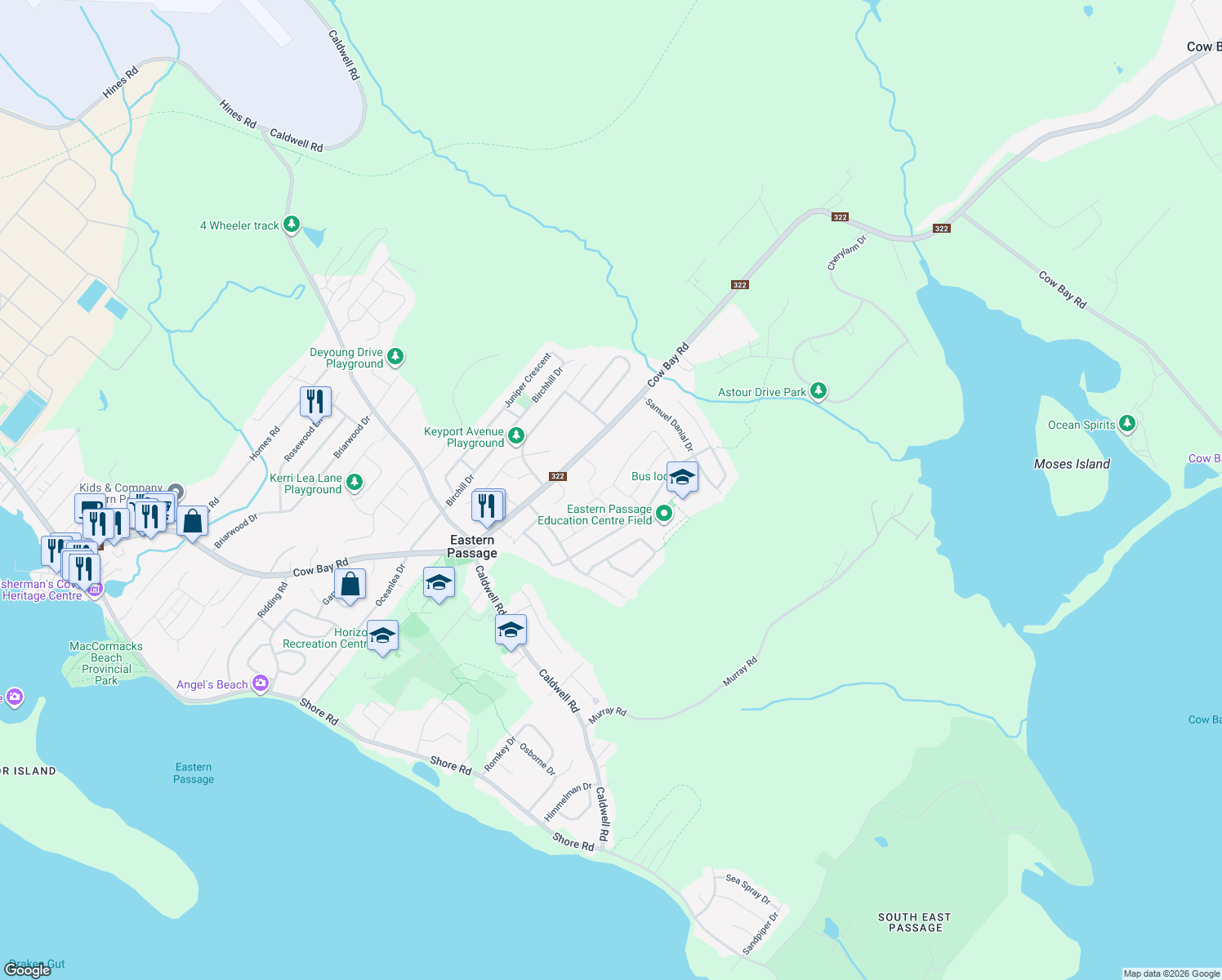 map of restaurants, bars, coffee shops, grocery stores, and more near 163 Jeep Crescent in Eastern Passage