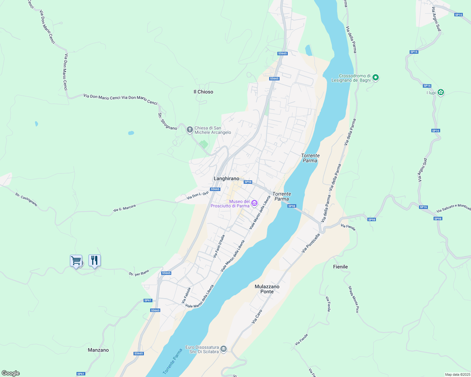 map of restaurants, bars, coffee shops, grocery stores, and more near Vicolo del Giardino in Langhirano