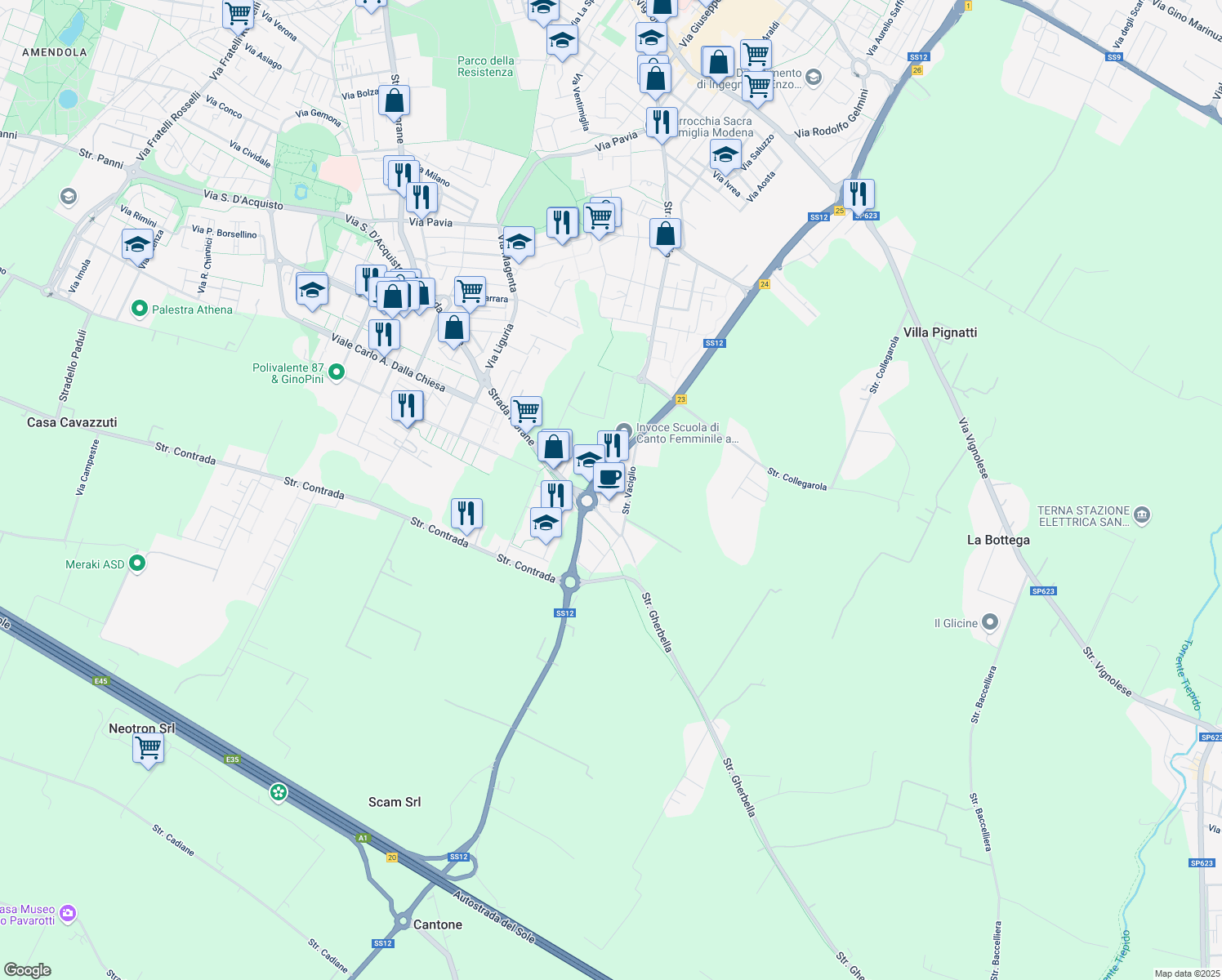 map of restaurants, bars, coffee shops, grocery stores, and more near 2-68 Via Messina in Modena