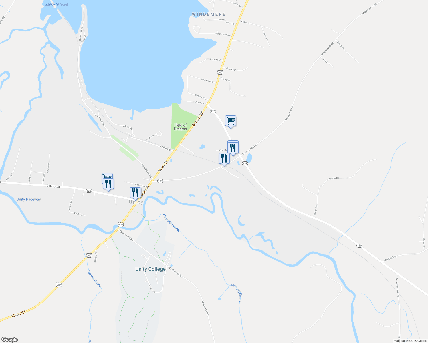 map of restaurants, bars, coffee shops, grocery stores, and more near 195 Depot Street in Unity