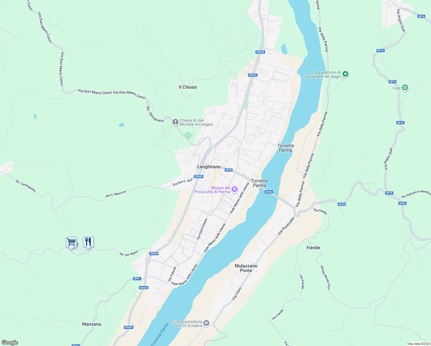 map of restaurants, bars, coffee shops, grocery stores, and more near Vicolo del Giardino in Langhirano