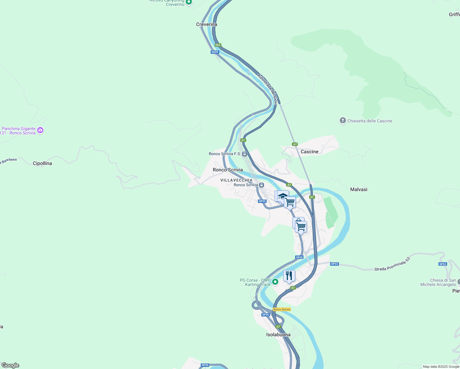 map of restaurants, bars, coffee shops, grocery stores, and more near 24 Via Padre Francesco Borghero in Ronco Scrivia