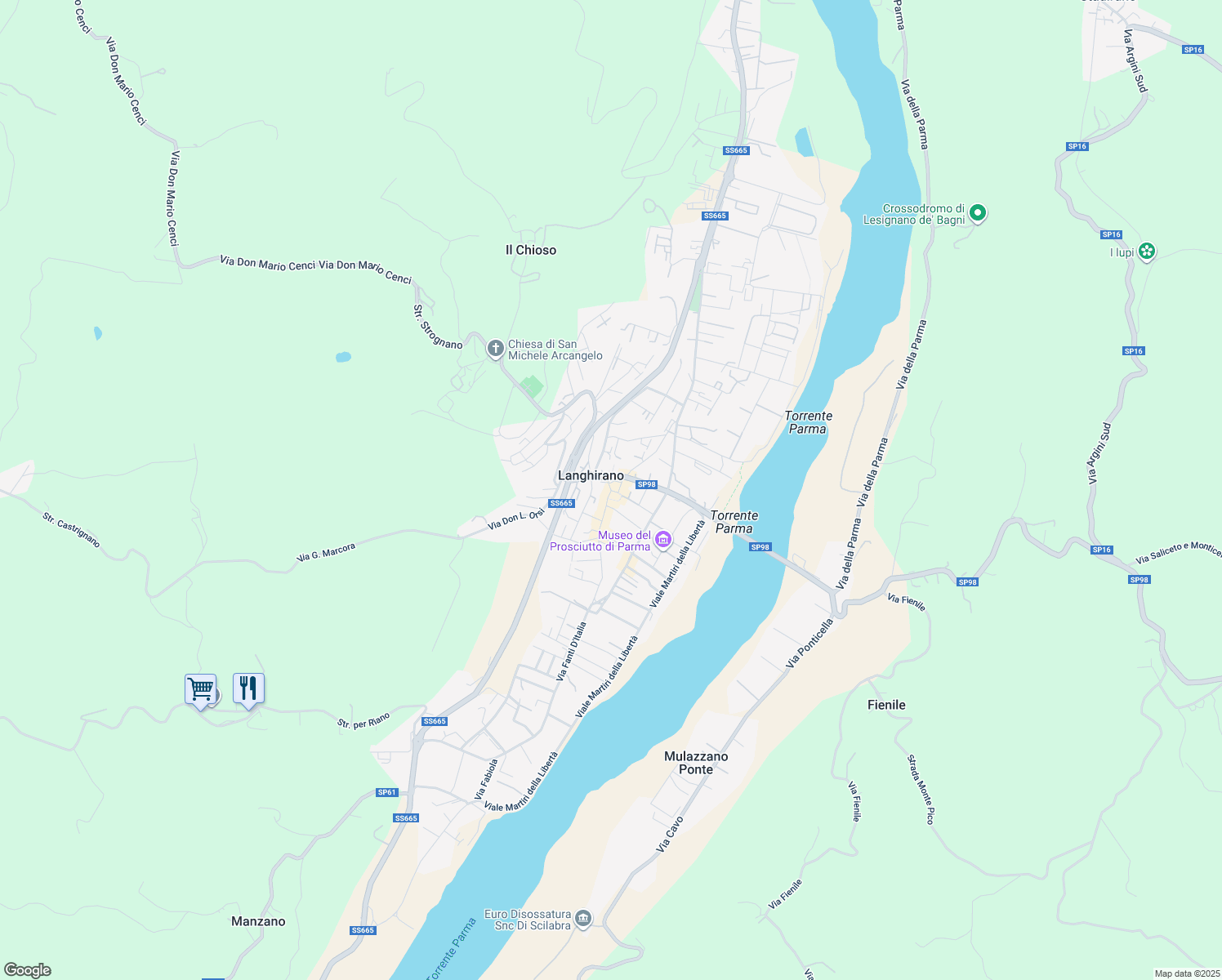 map of restaurants, bars, coffee shops, grocery stores, and more near Vicolo del Giardino in Langhirano