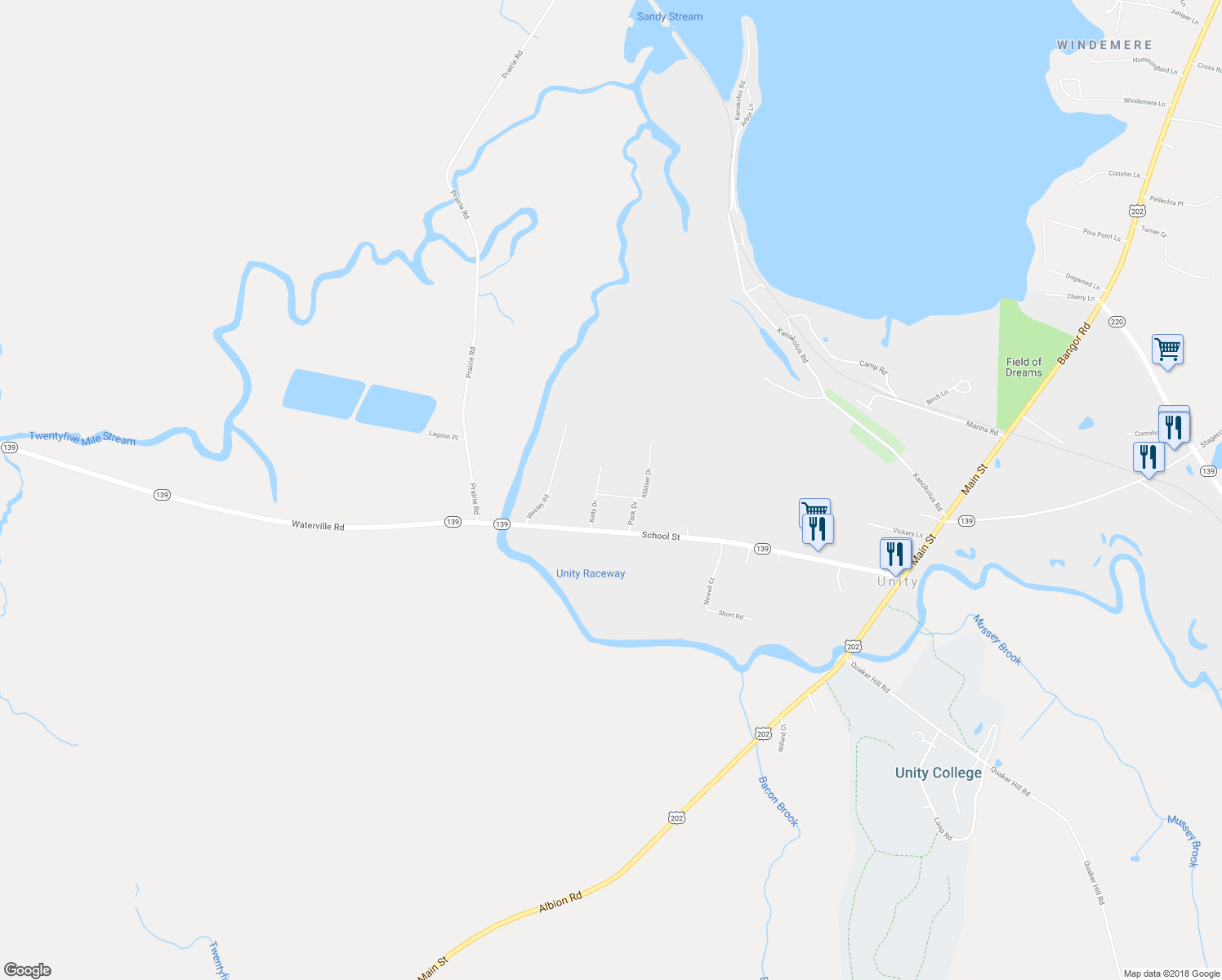 map of restaurants, bars, coffee shops, grocery stores, and more near 14 Killdeer Drive in Unity