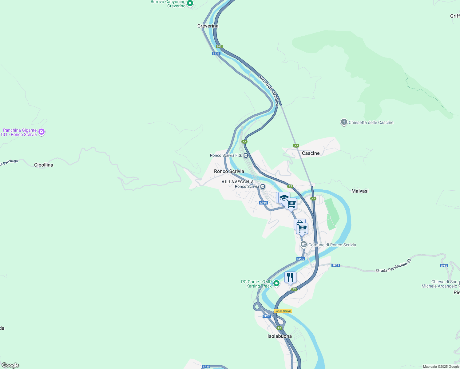 map of restaurants, bars, coffee shops, grocery stores, and more near 24 Via Padre Francesco Borghero in Ronco Scrivia