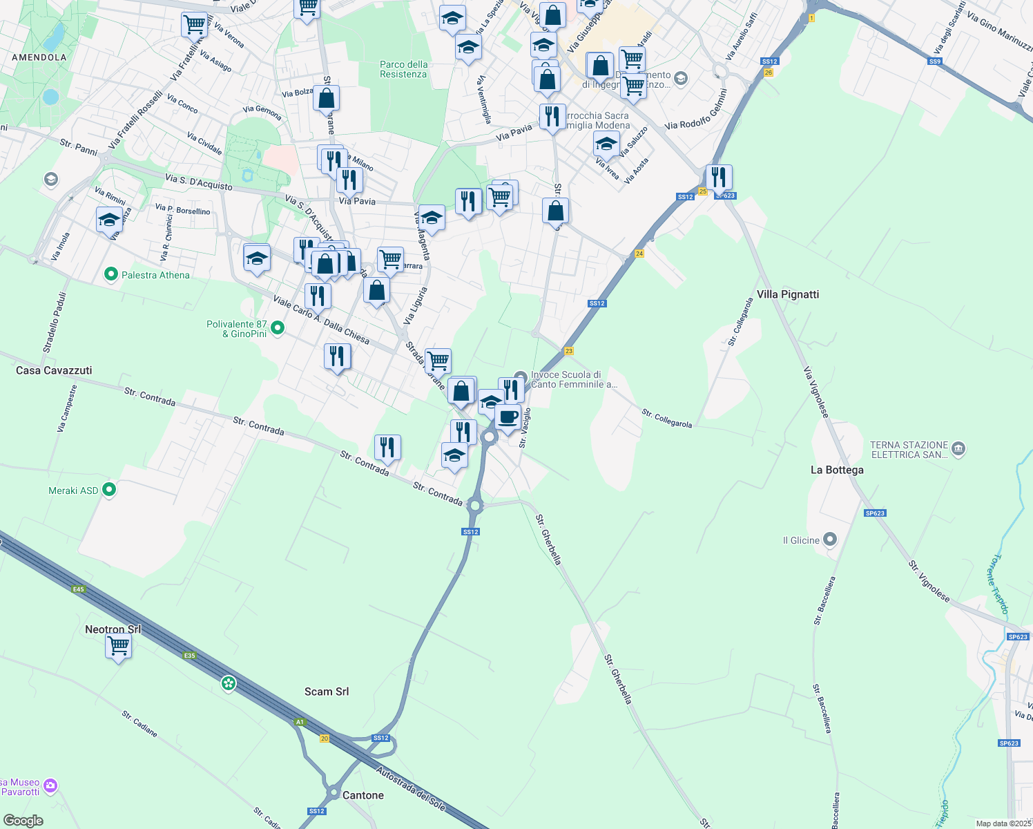 map of restaurants, bars, coffee shops, grocery stores, and more near 2-68 Via Messina in Modena