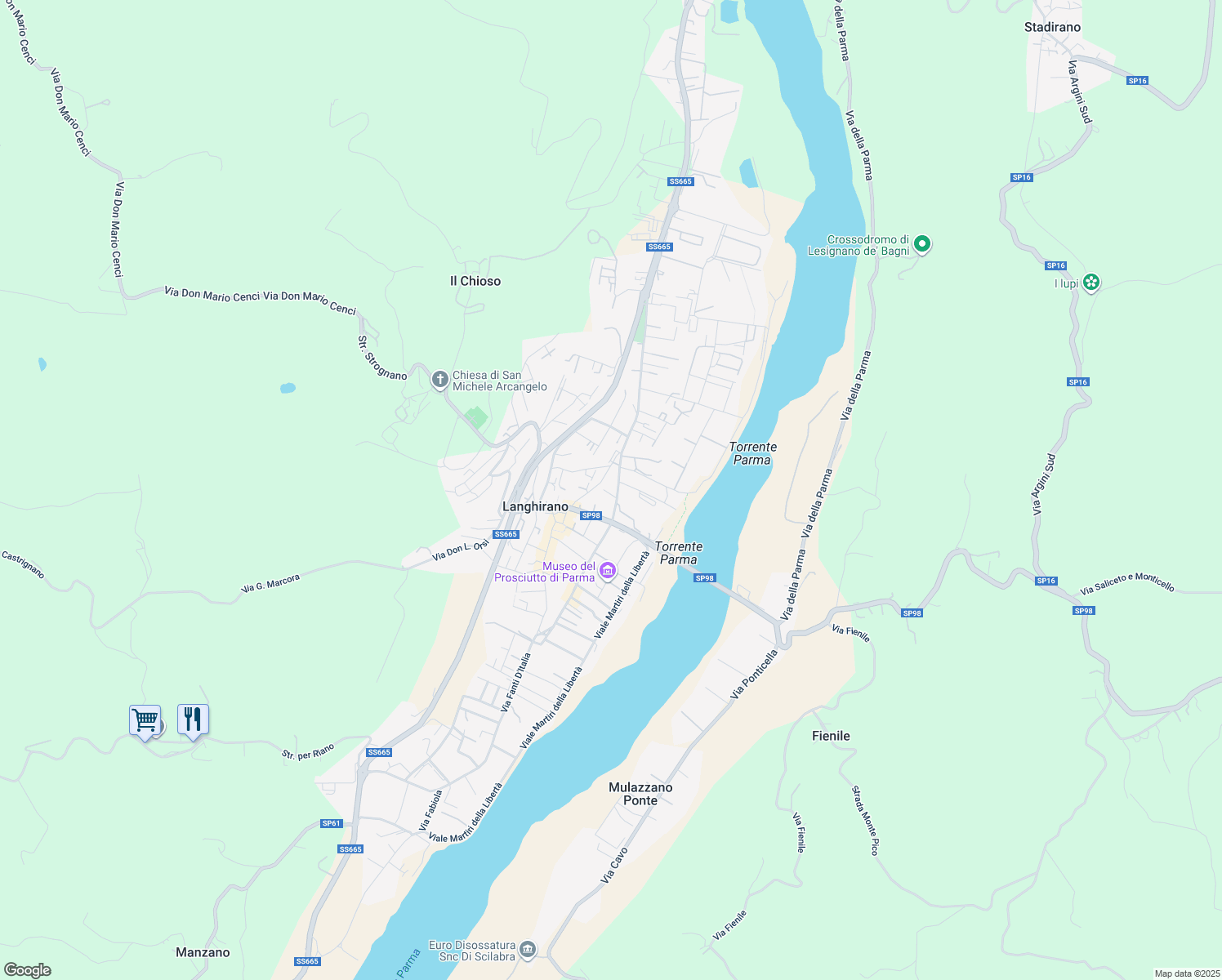 map of restaurants, bars, coffee shops, grocery stores, and more near 35 Via Roma in Langhirano