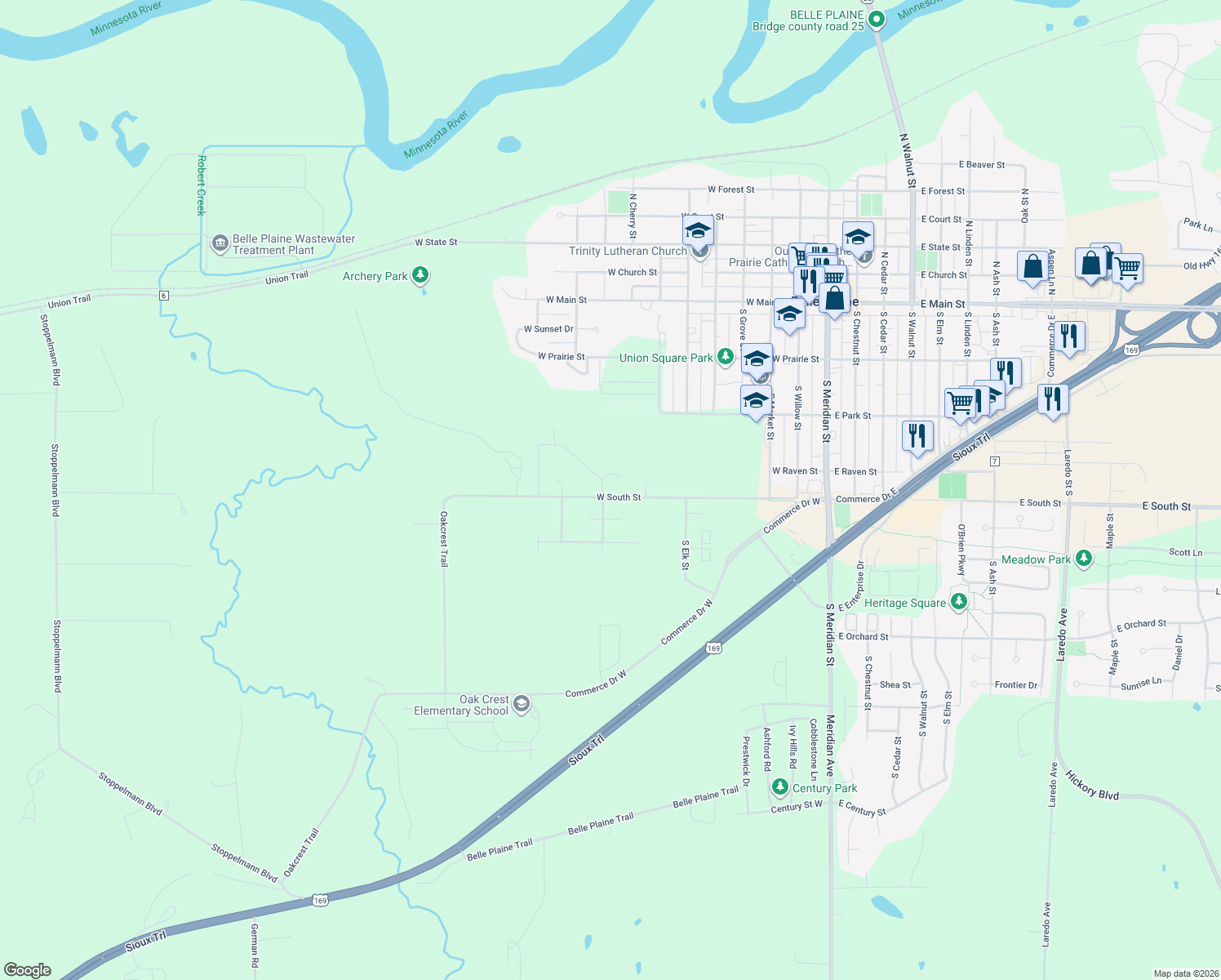 map of restaurants, bars, coffee shops, grocery stores, and more near 92 Oakwood Dr in Belle Plaine