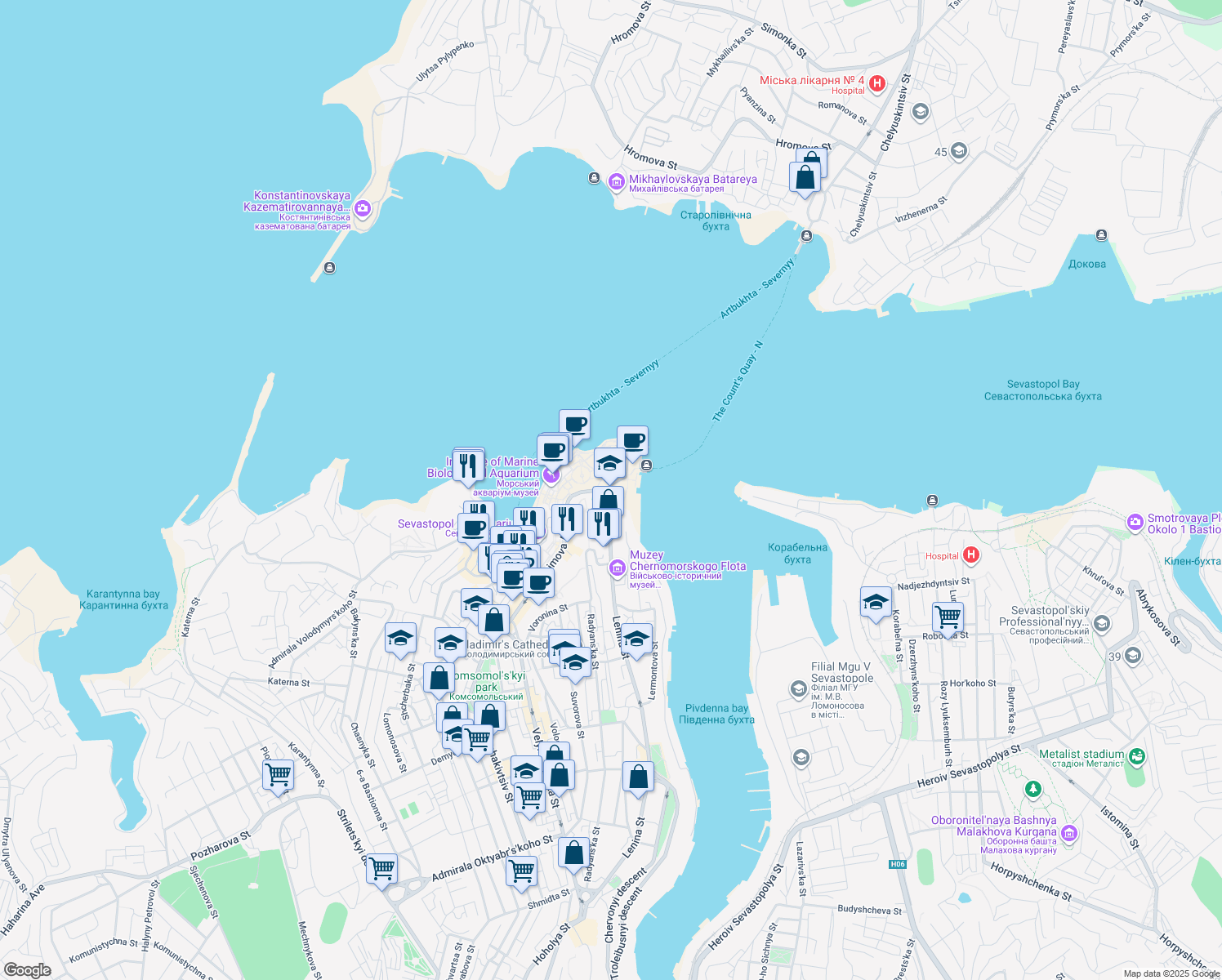 map of restaurants, bars, coffee shops, grocery stores, and more near in Sevastopol