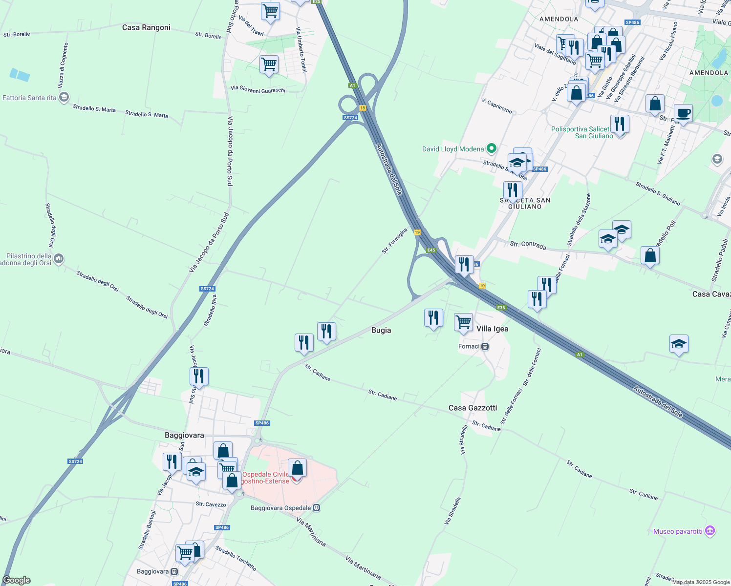 map of restaurants, bars, coffee shops, grocery stores, and more near 56 Stradello Canale di Corlo in Baggiovara