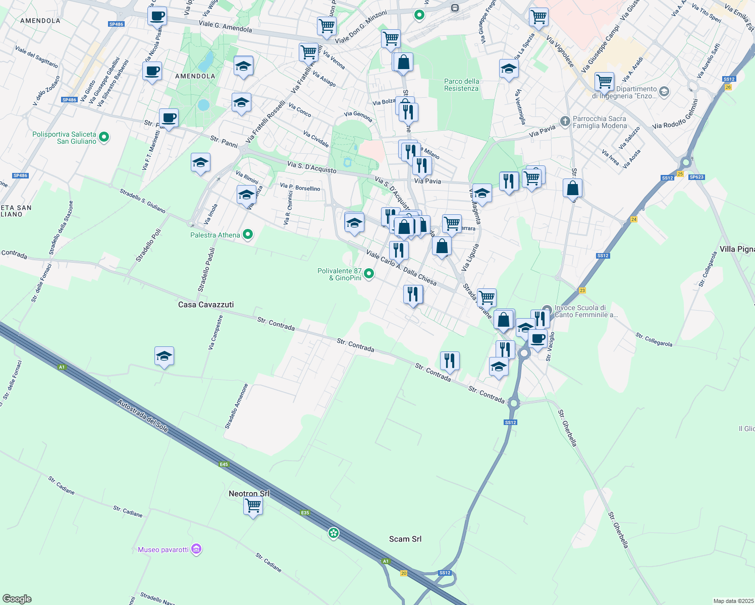 map of restaurants, bars, coffee shops, grocery stores, and more near Via Guido Galli in Modena