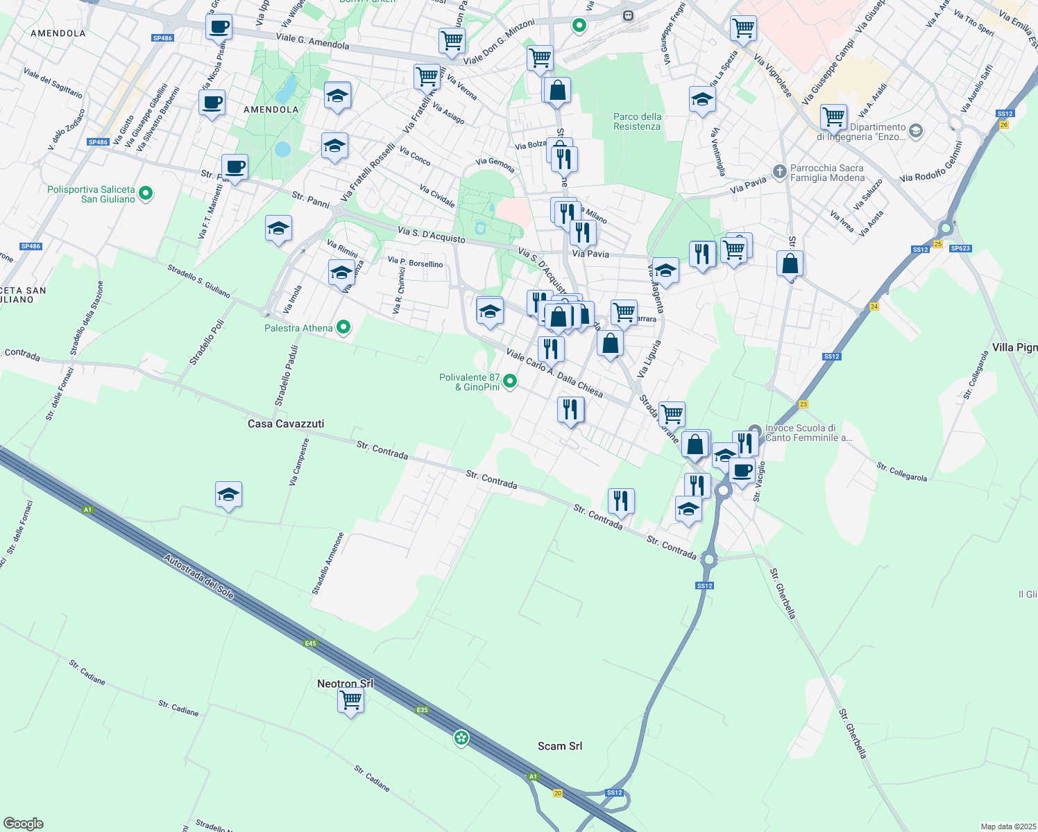 map of restaurants, bars, coffee shops, grocery stores, and more near Via Guido Galli in Modena