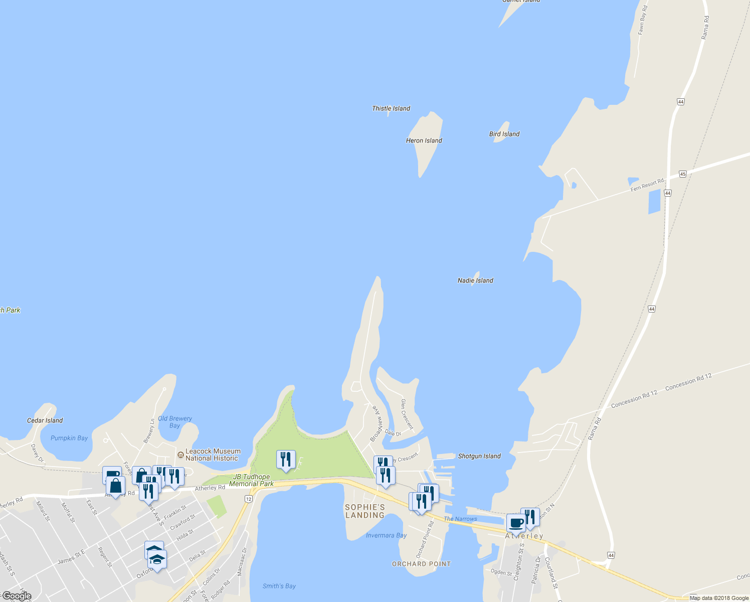 map of restaurants, bars, coffee shops, grocery stores, and more near 759 Broadview Avenue in Orillia