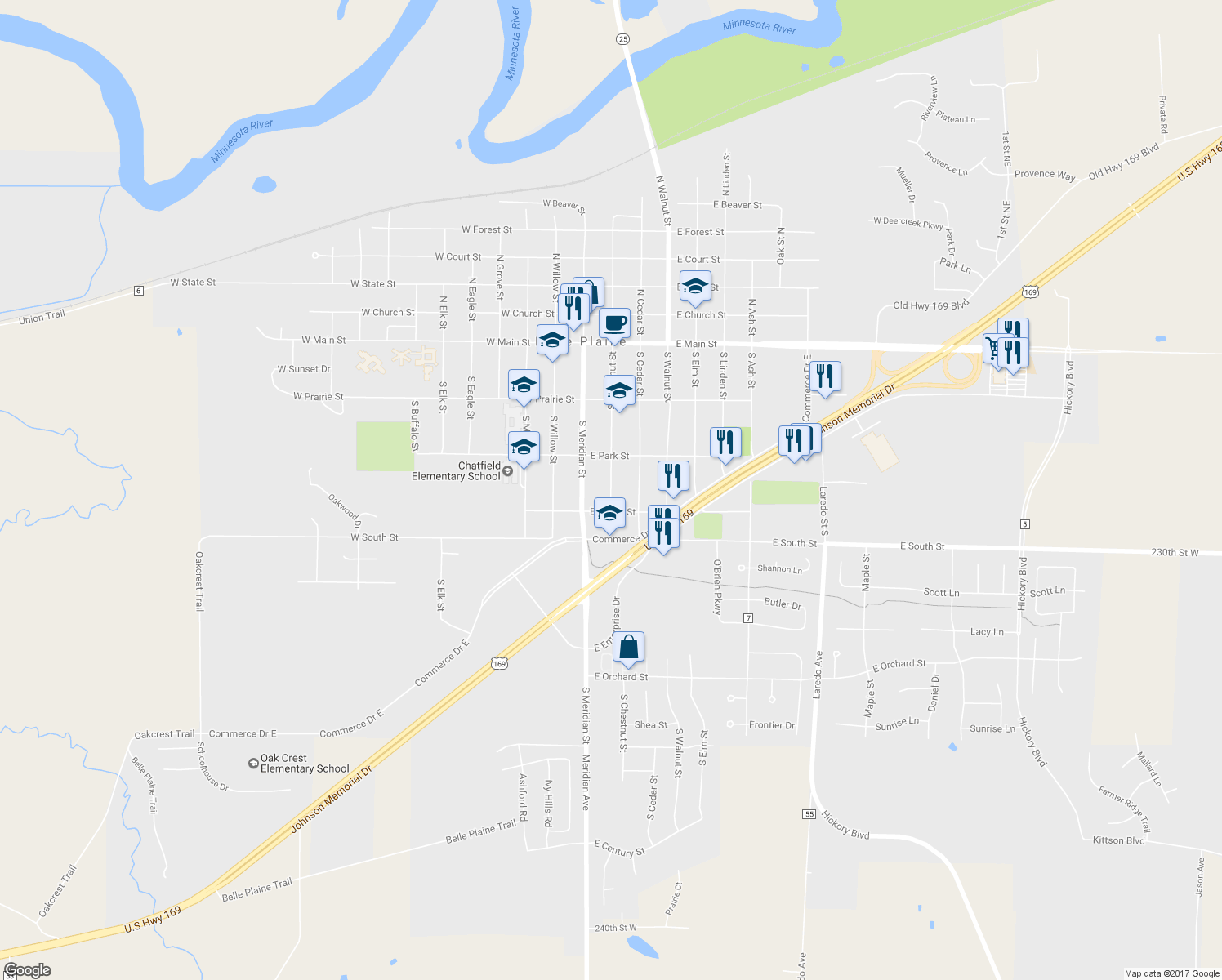 map of restaurants, bars, coffee shops, grocery stores, and more near 323 South Chestnut Street in Belle Plaine