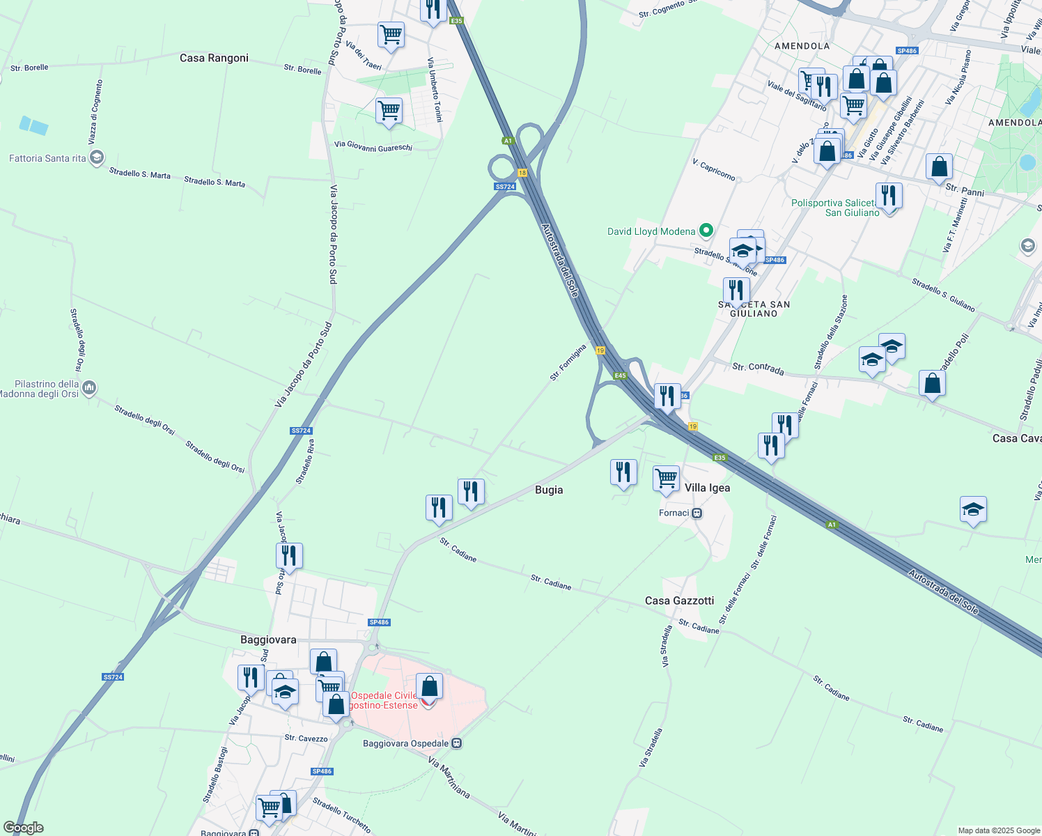 map of restaurants, bars, coffee shops, grocery stores, and more near 56 Stradello Canale di Corlo in Baggiovara
