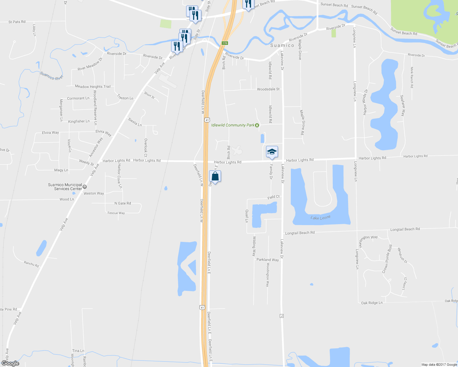 map of restaurants, bars, coffee shops, grocery stores, and more near 1613 Harbor Lights Rd in Suamico