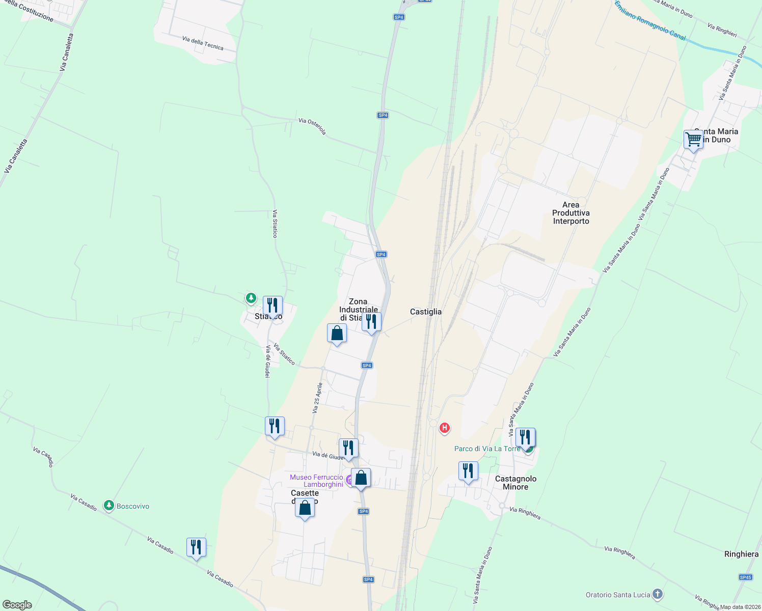 map of restaurants, bars, coffee shops, grocery stores, and more near 1 Via Oradour in Zona Industriale di Stiatico