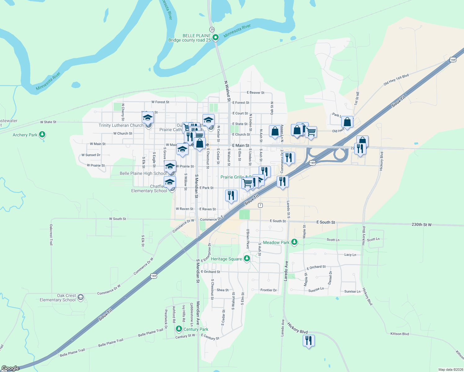map of restaurants, bars, coffee shops, grocery stores, and more near 245 South Walnut Street in Belle Plaine