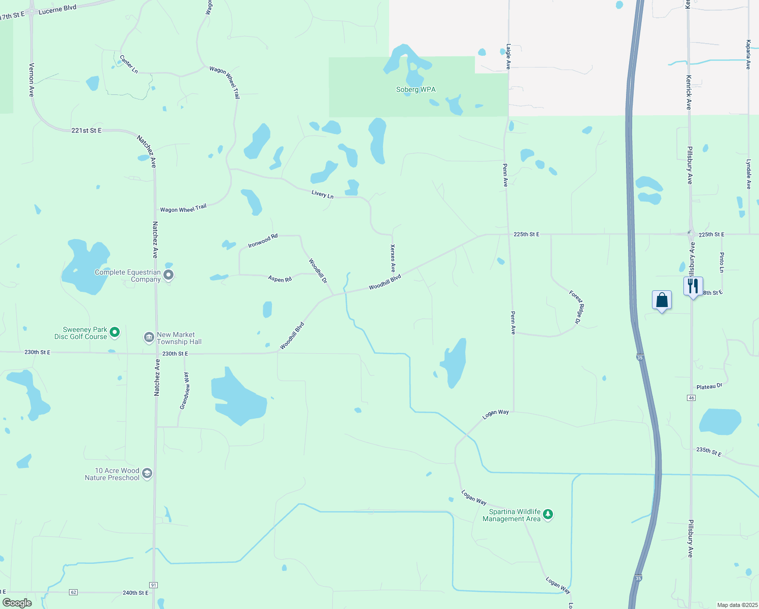 map of restaurants, bars, coffee shops, grocery stores, and more near 9881 Woodhill Boulevard in Lakeville