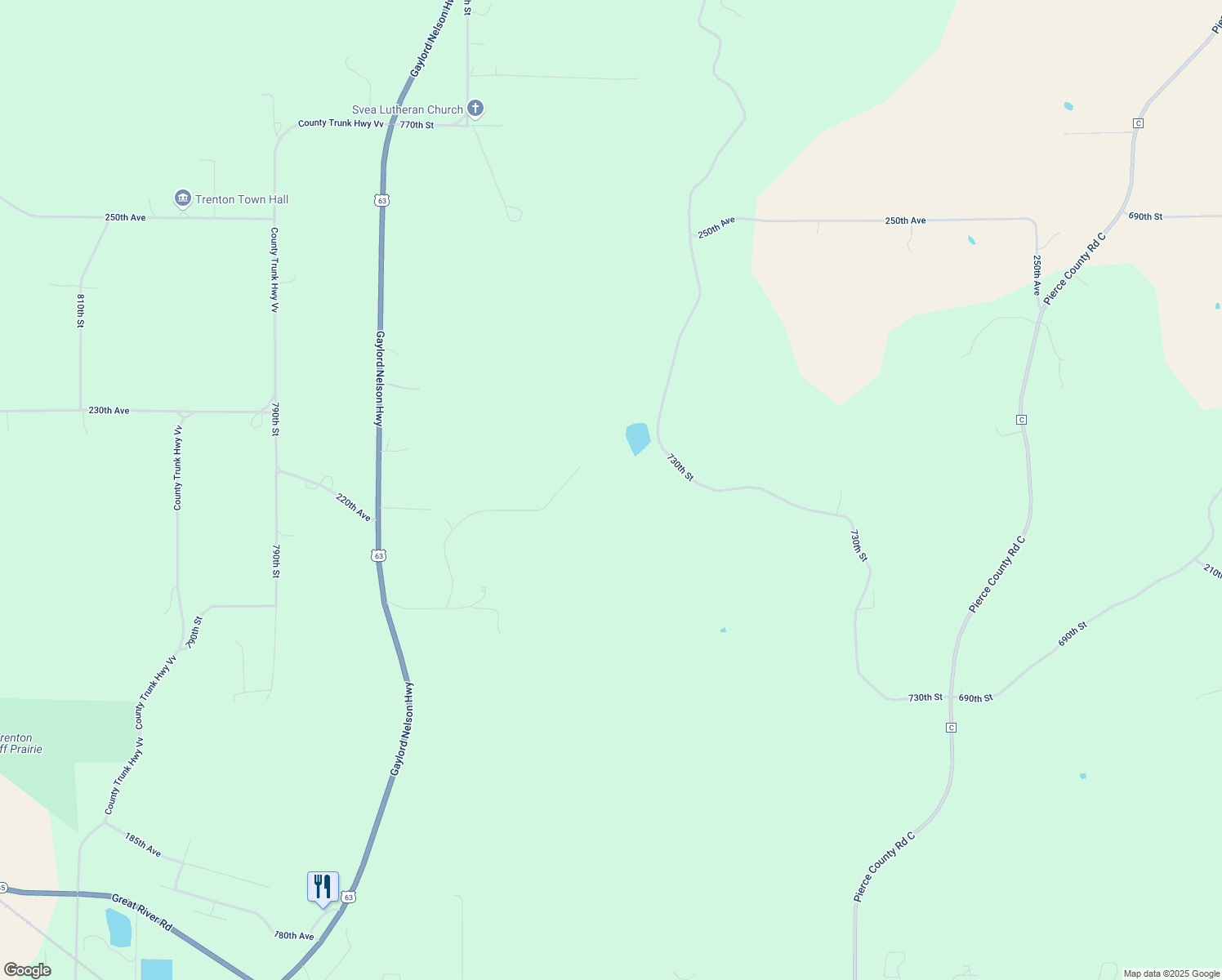 map of restaurants, bars, coffee shops, grocery stores, and more near N2282 770th Street in Hager City