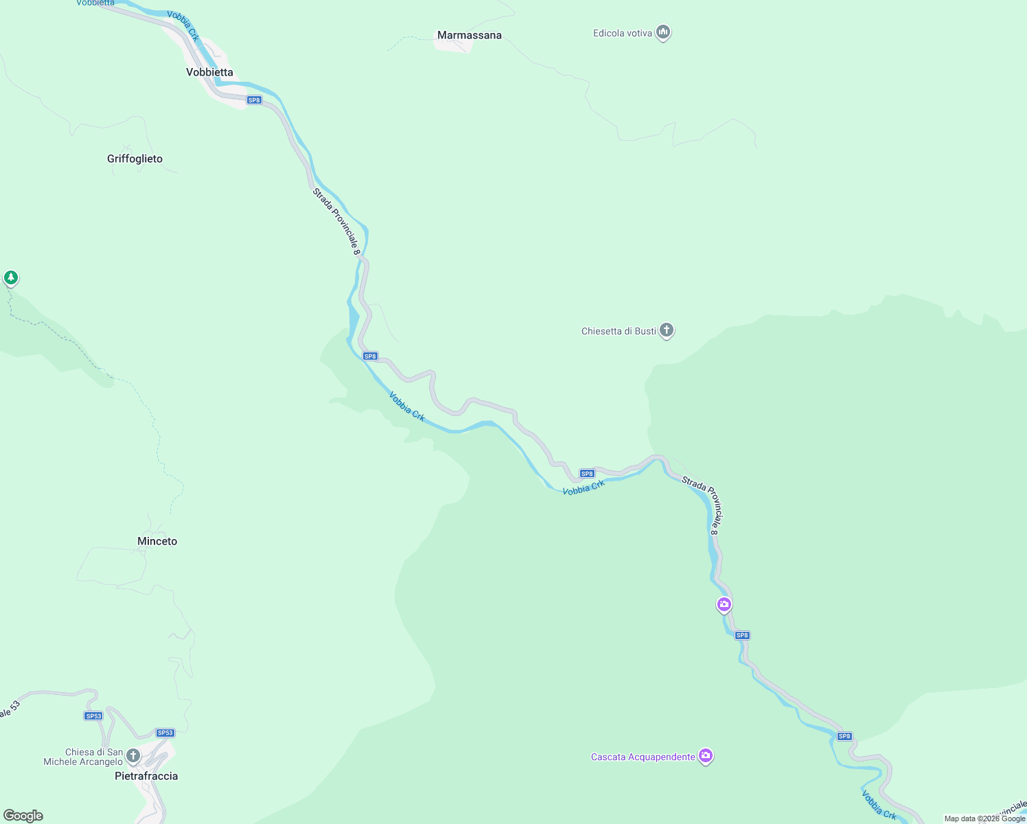 map of restaurants, bars, coffee shops, grocery stores, and more near Strada Provinciale 8 in Città Metropolitana di Genova