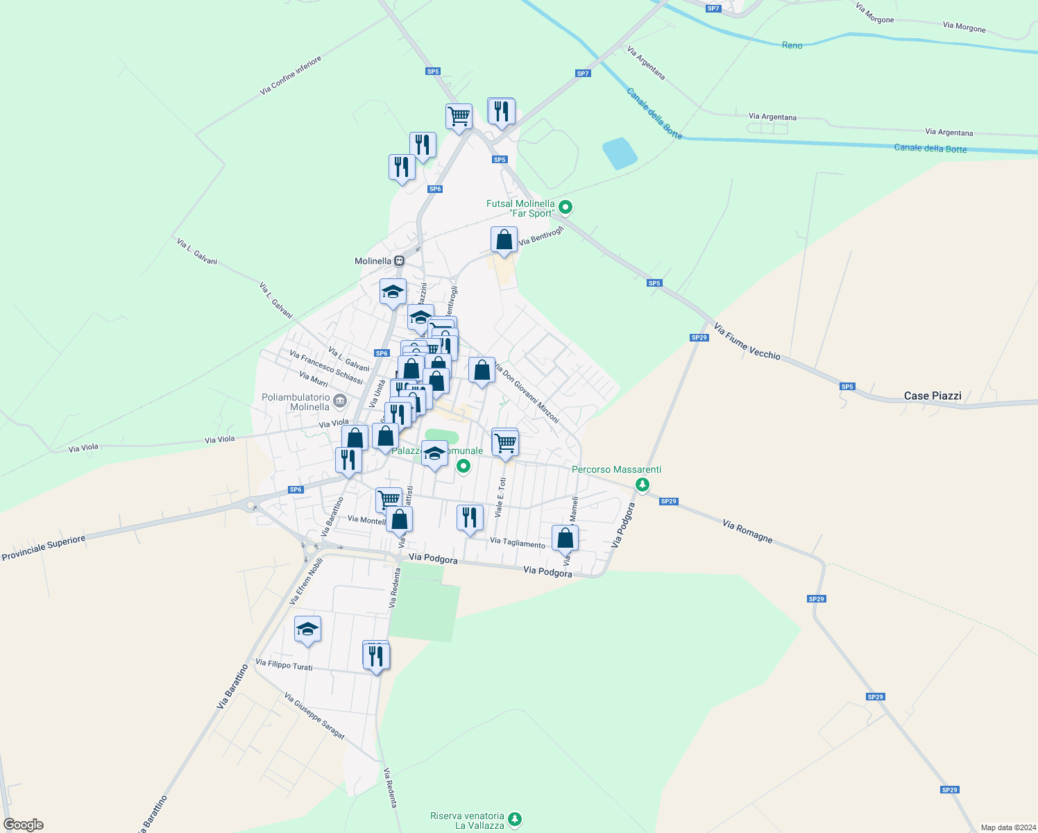 map of restaurants, bars, coffee shops, grocery stores, and more near 54 Via G. Marconi in Molinella