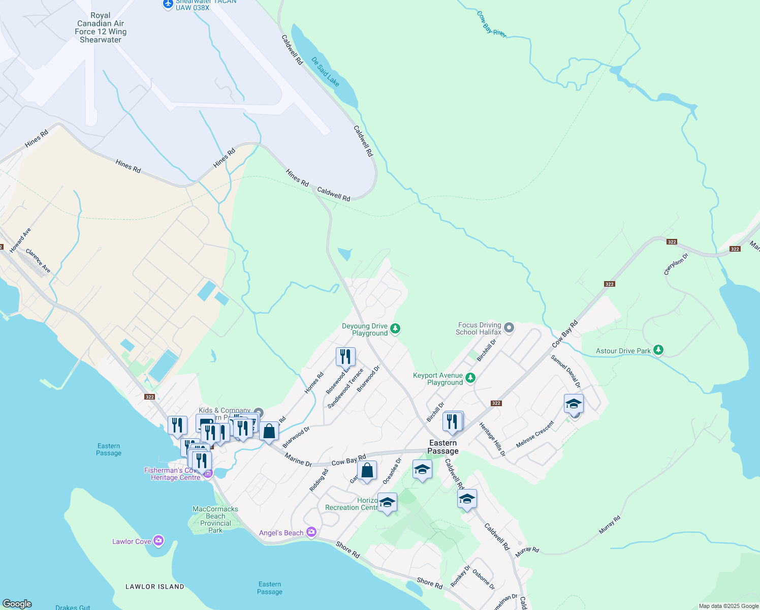 map of restaurants, bars, coffee shops, grocery stores, and more near 11 Cedar Lane in Eastern Passage