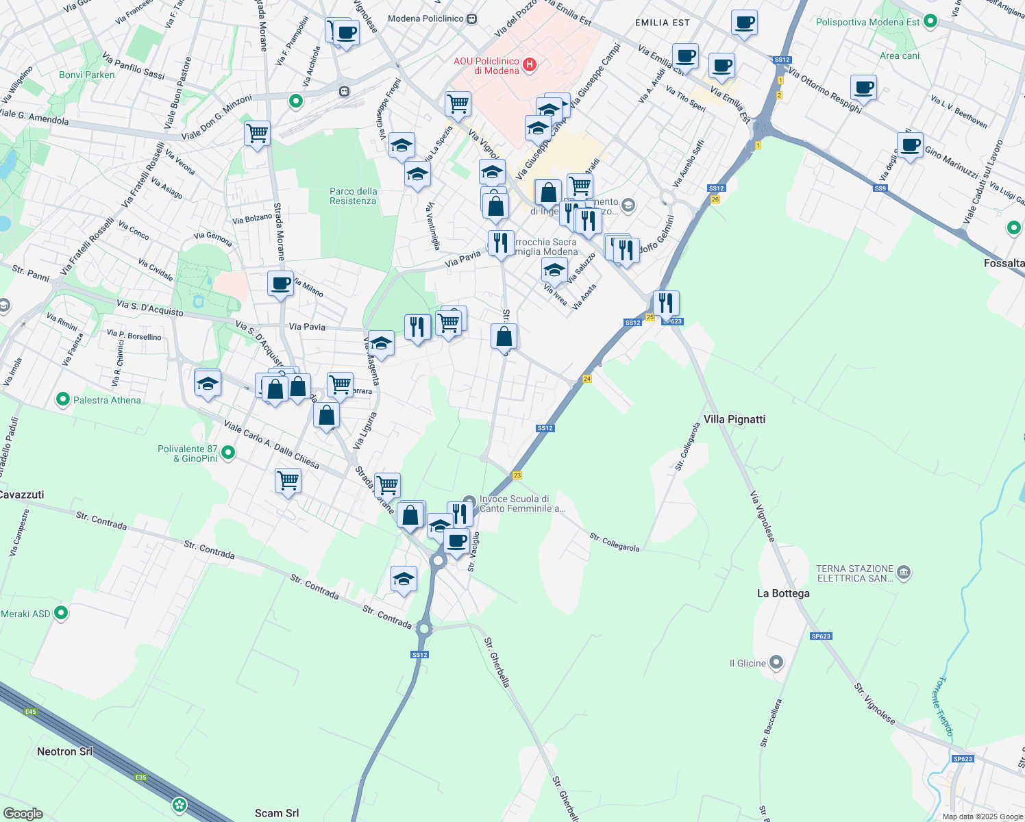 map of restaurants, bars, coffee shops, grocery stores, and more near 19 Via Oristano in Modena