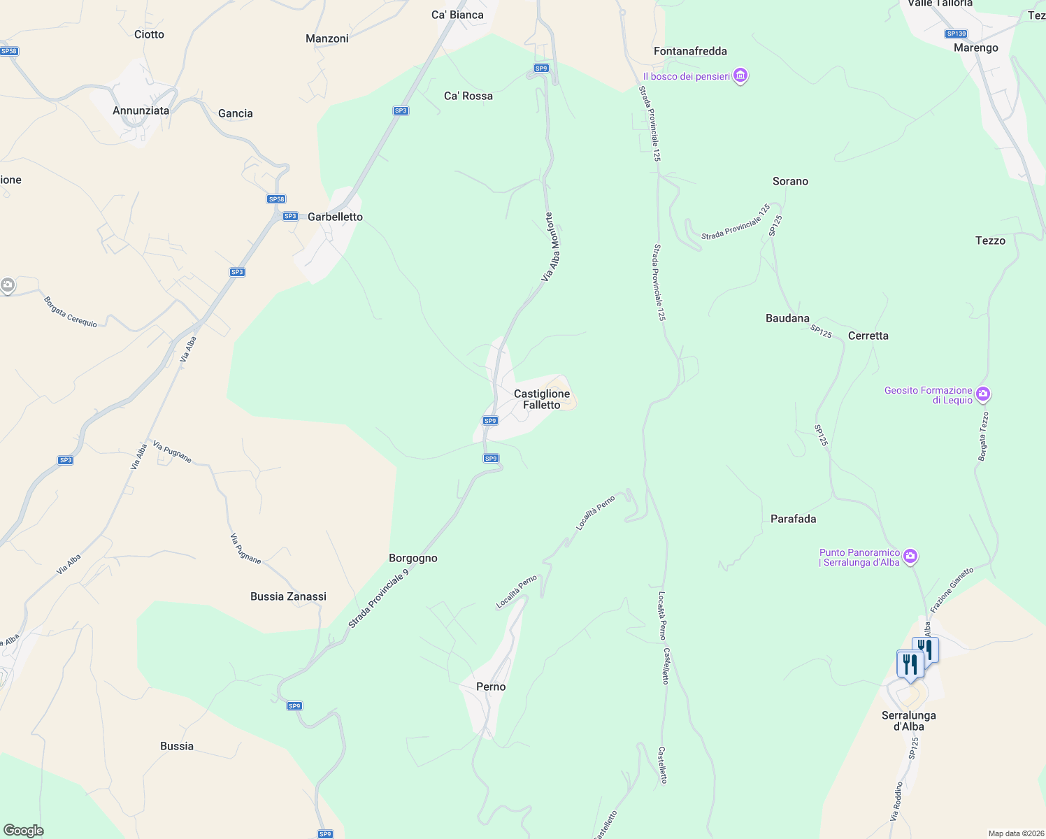 map of restaurants, bars, coffee shops, grocery stores, and more near 11 Via Vittorio Alfieri in Castiglione Falletto