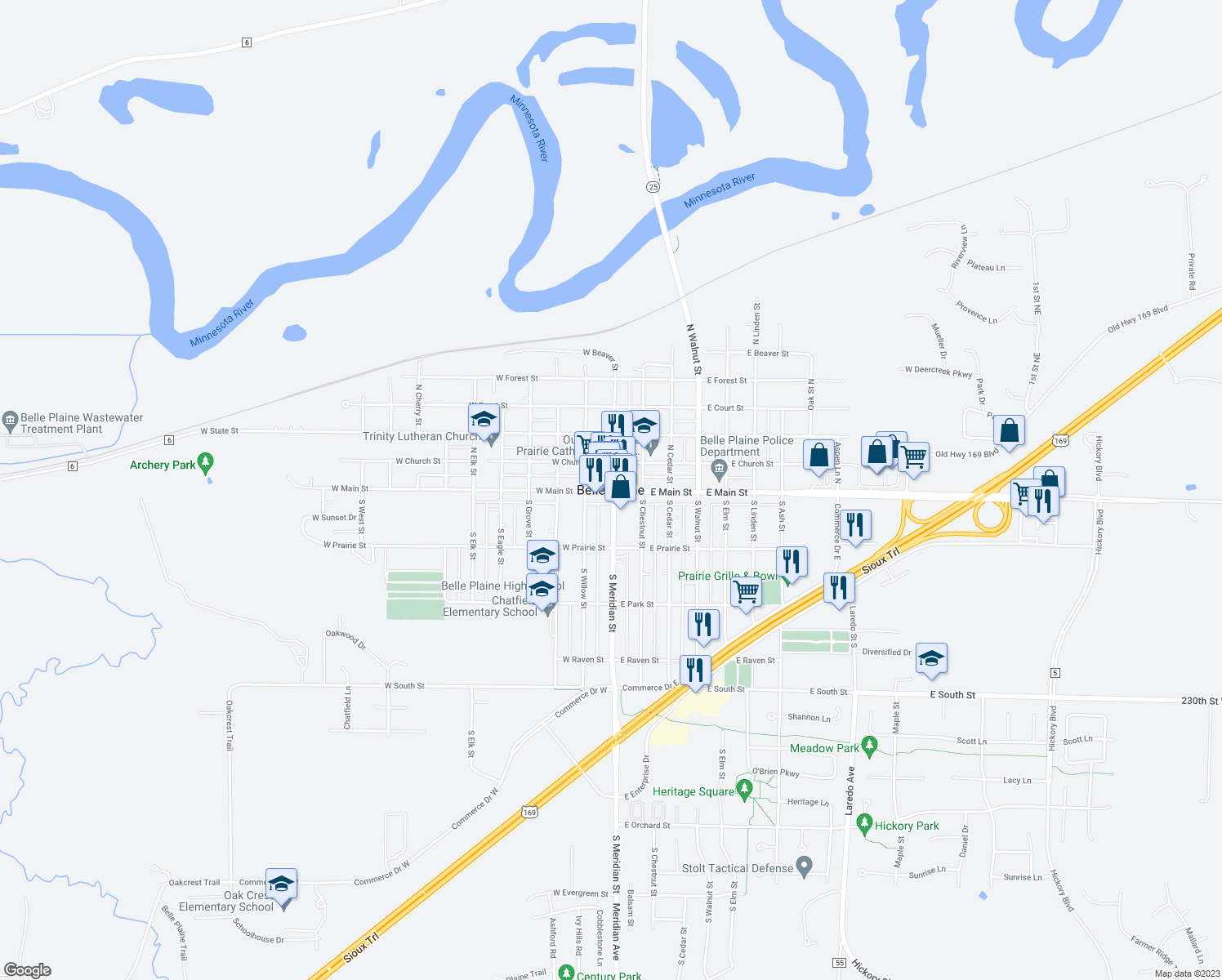 map of restaurants, bars, coffee shops, grocery stores, and more near in Belle Plaine