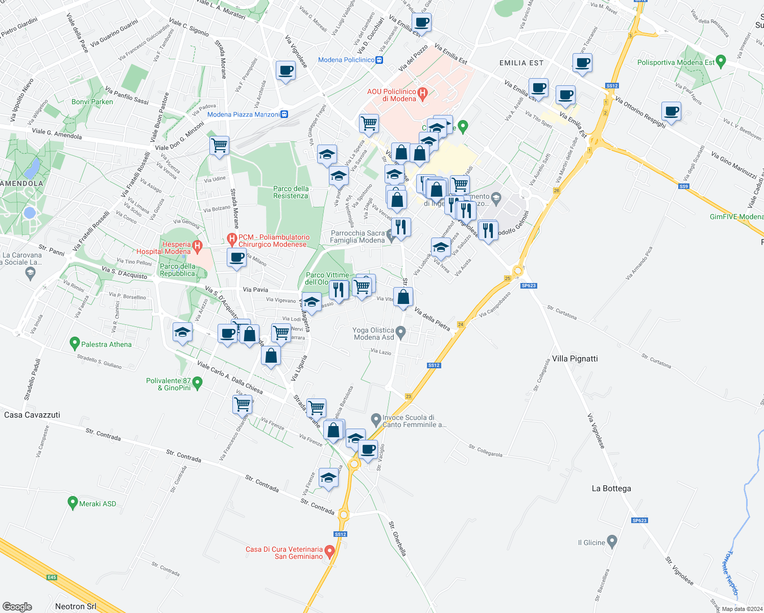 map of restaurants, bars, coffee shops, grocery stores, and more near 3 Via Frosinone in Modena