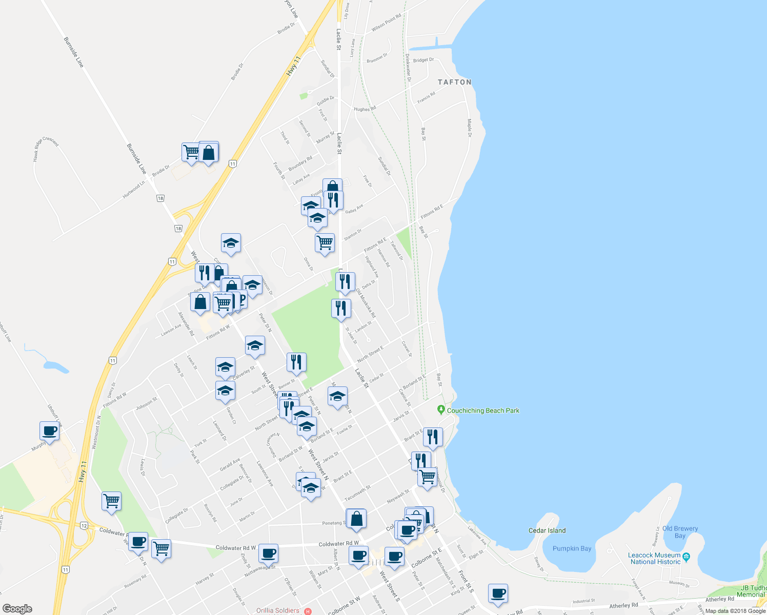 map of restaurants, bars, coffee shops, grocery stores, and more near 363 Highland Avenue in Orillia