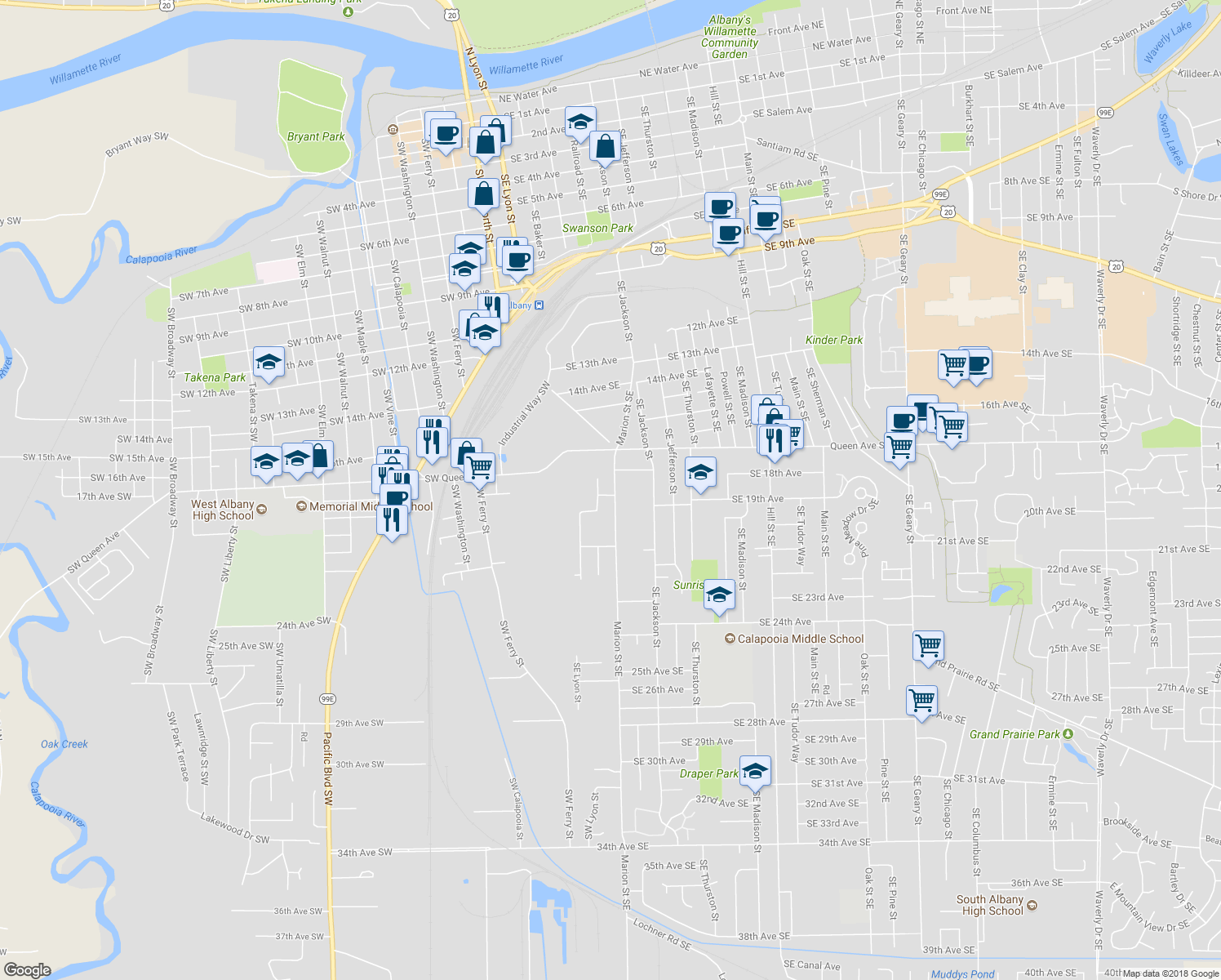 map of restaurants, bars, coffee shops, grocery stores, and more near 293 Southeast 19th Avenue in Albany