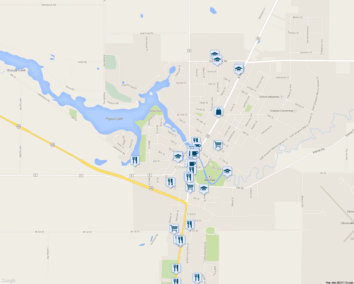 map of restaurants, bars, coffee shops, grocery stores, and more near 68 10th Street in Clintonville