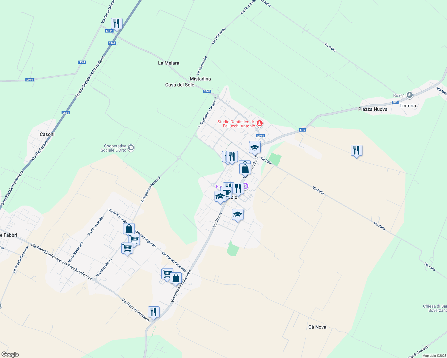 map of restaurants, bars, coffee shops, grocery stores, and more near 34 Via della Costituzione in Minerbio