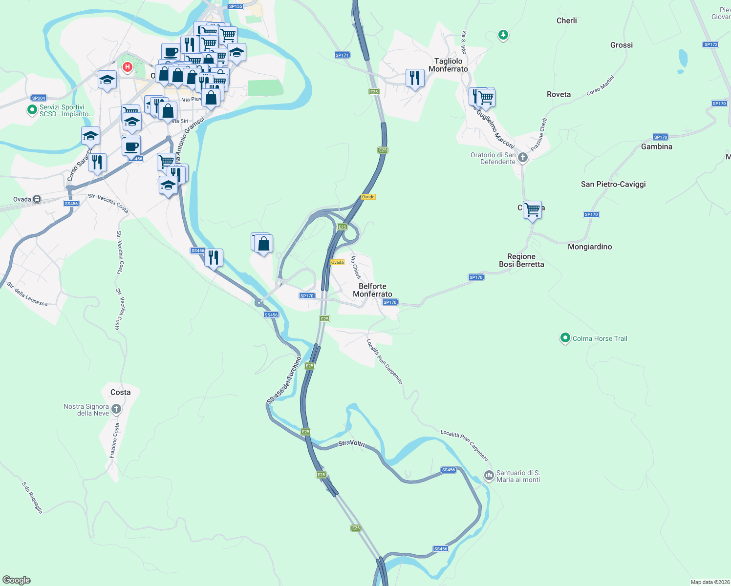 map of restaurants, bars, coffee shops, grocery stores, and more near in Belforte Monferrato