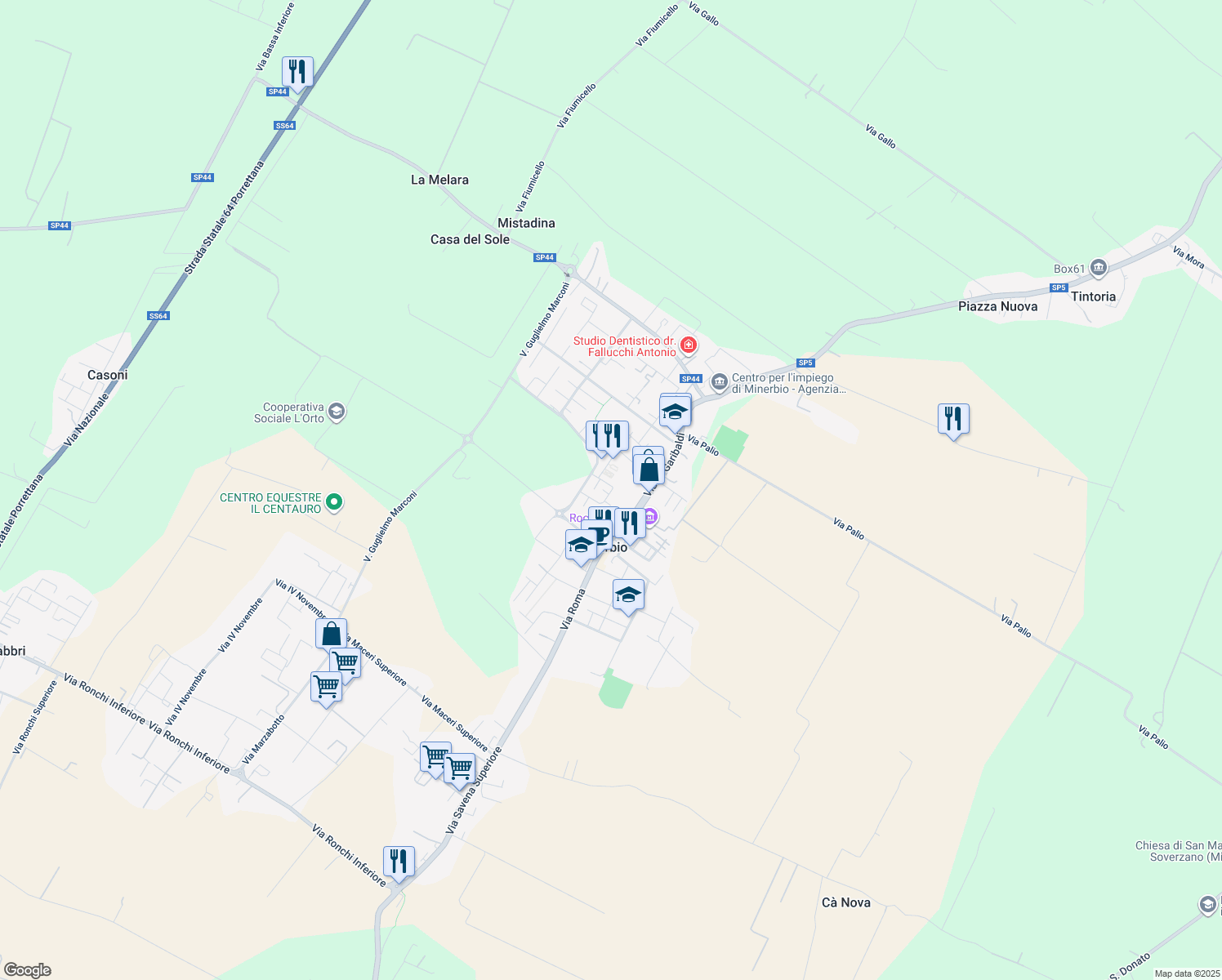 map of restaurants, bars, coffee shops, grocery stores, and more near 5B Via della Costituzione in Minerbio