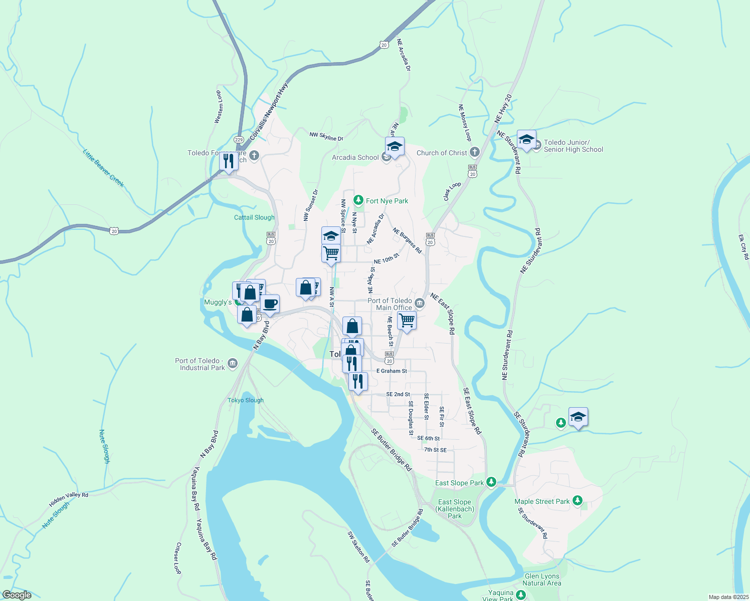 map of restaurants, bars, coffee shops, grocery stores, and more near 192 NE 6th St in Toledo