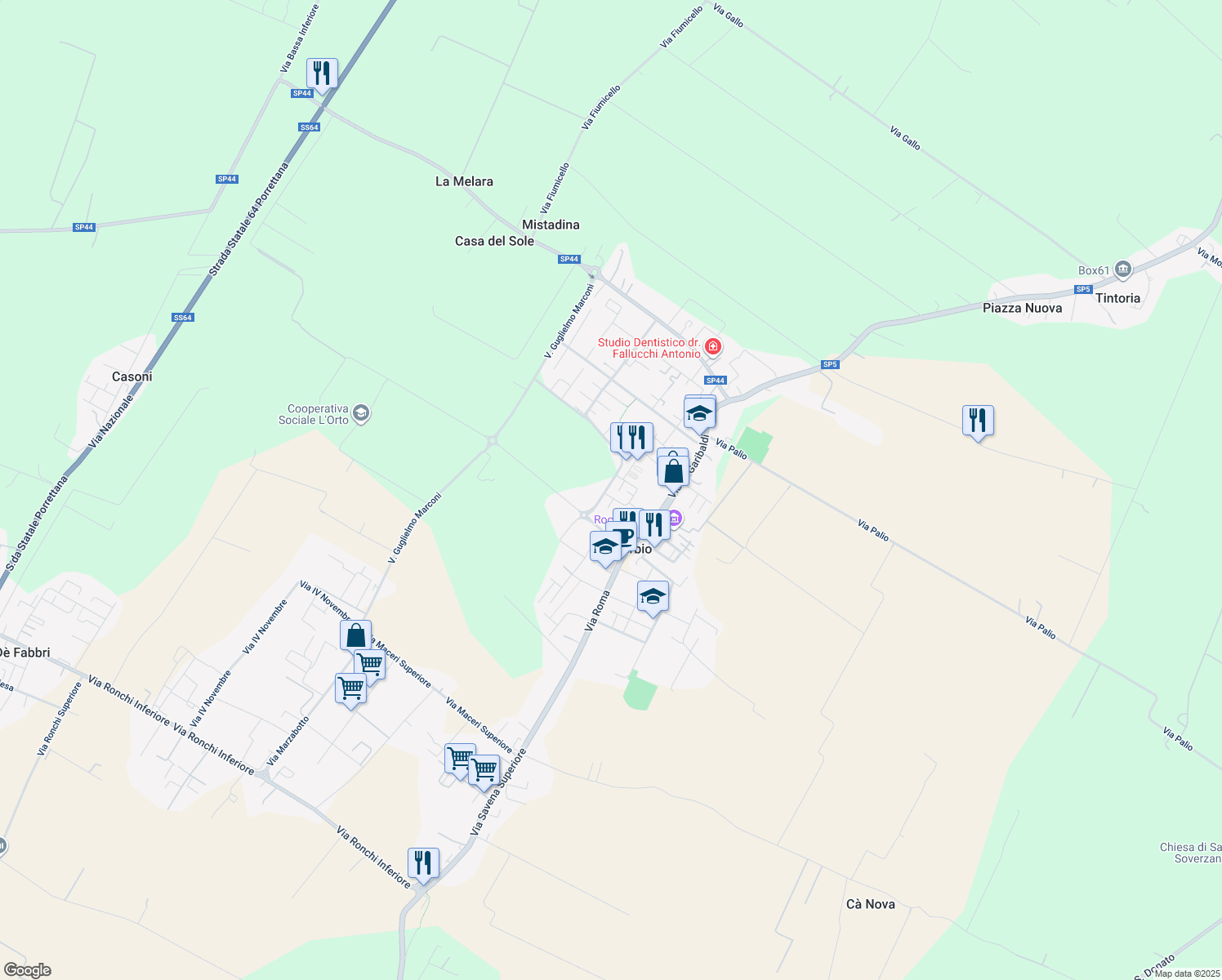map of restaurants, bars, coffee shops, grocery stores, and more near 34 Via della Costituzione in Minerbio