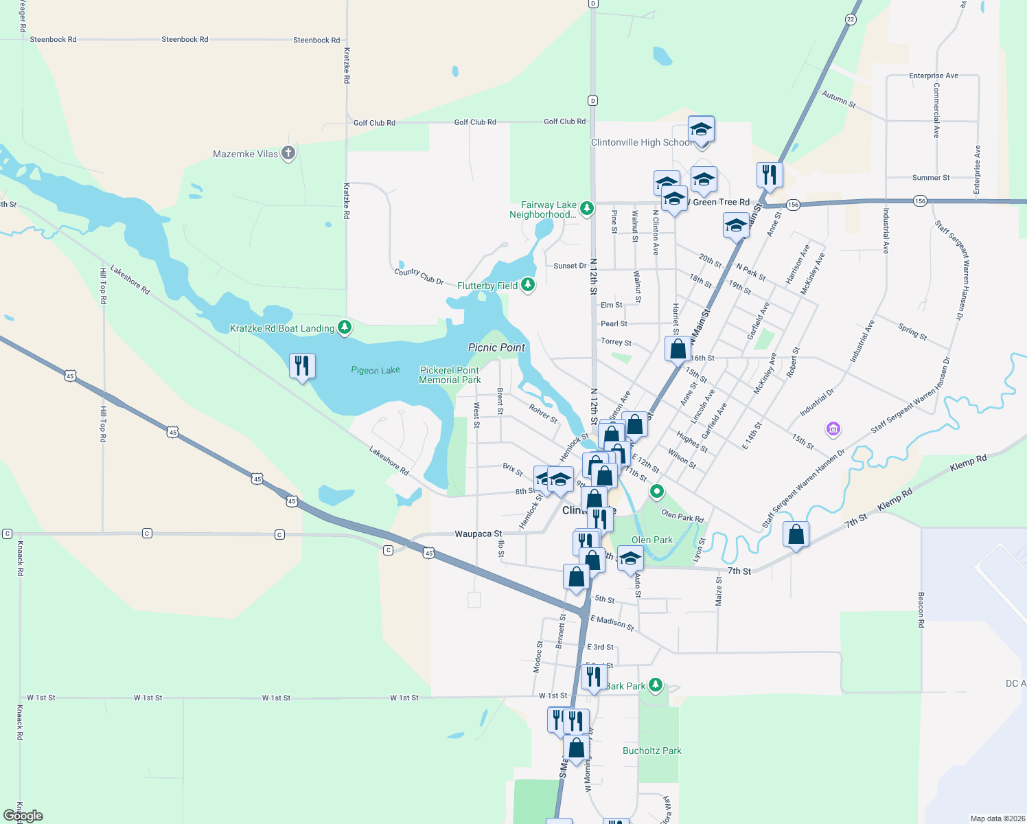 map of restaurants, bars, coffee shops, grocery stores, and more near 126 10th Street in Clintonville