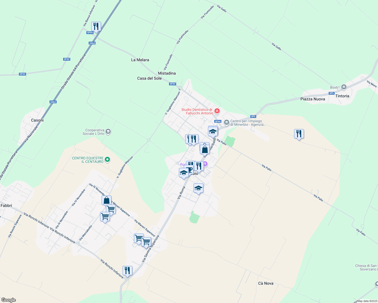 map of restaurants, bars, coffee shops, grocery stores, and more near 5B Via della Costituzione in Minerbio