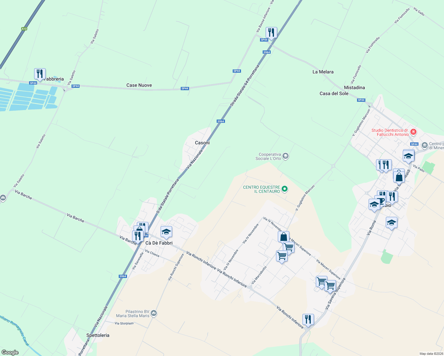 map of restaurants, bars, coffee shops, grocery stores, and more near 33 Via Canaletto in Malalbergo